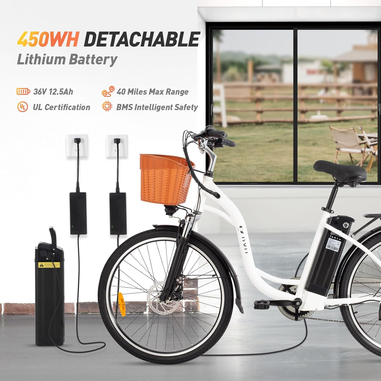Una e-bike blanca con batería desmontable, cargadores y escena exterior.