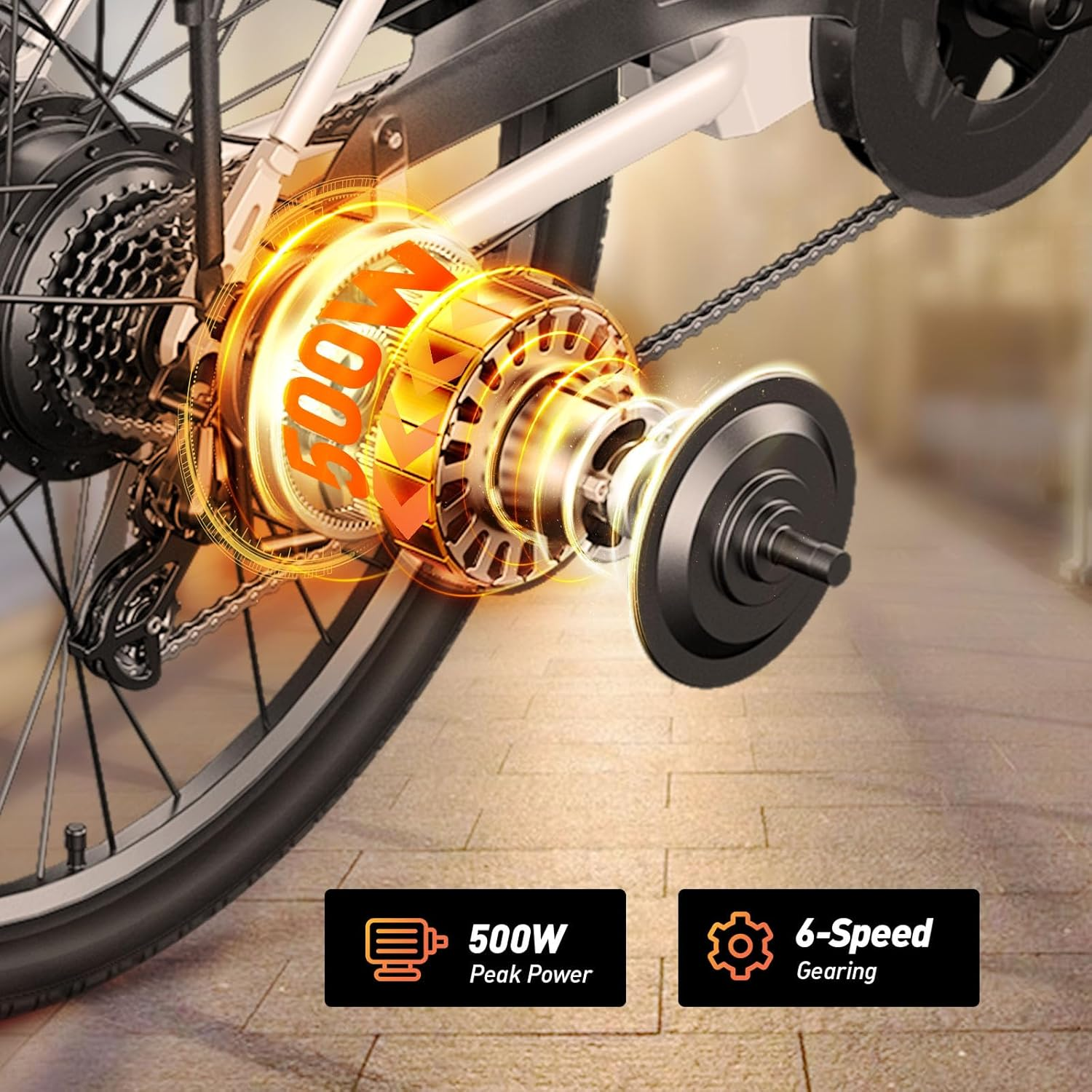 Primer plano de la rueda trasera de una bicicleta eléctrica, mostrando el motor de 500W y 6 velocidades.