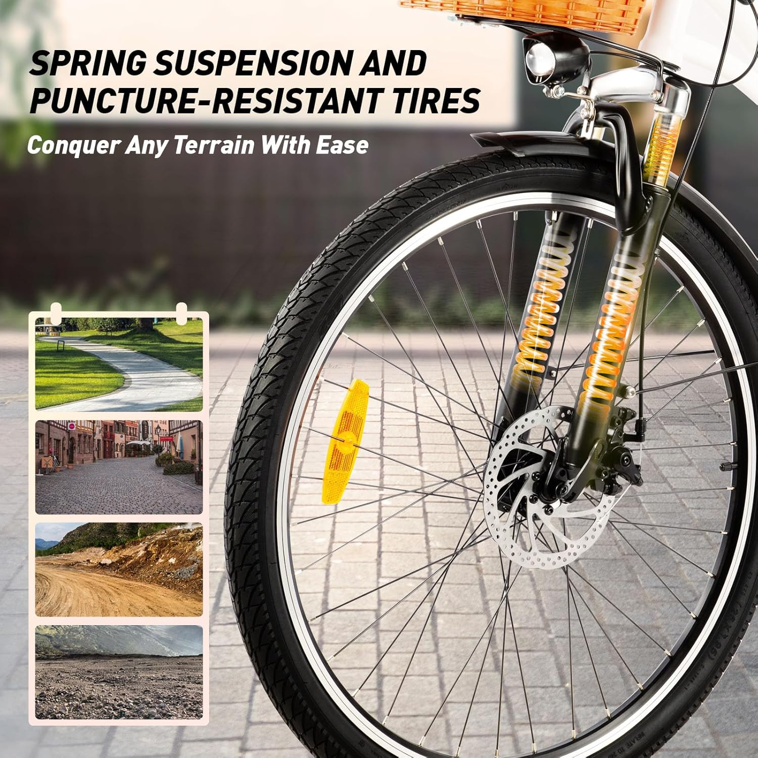 Bicicleta con suspensión, freno de disco e imágenes de varios terrenos.