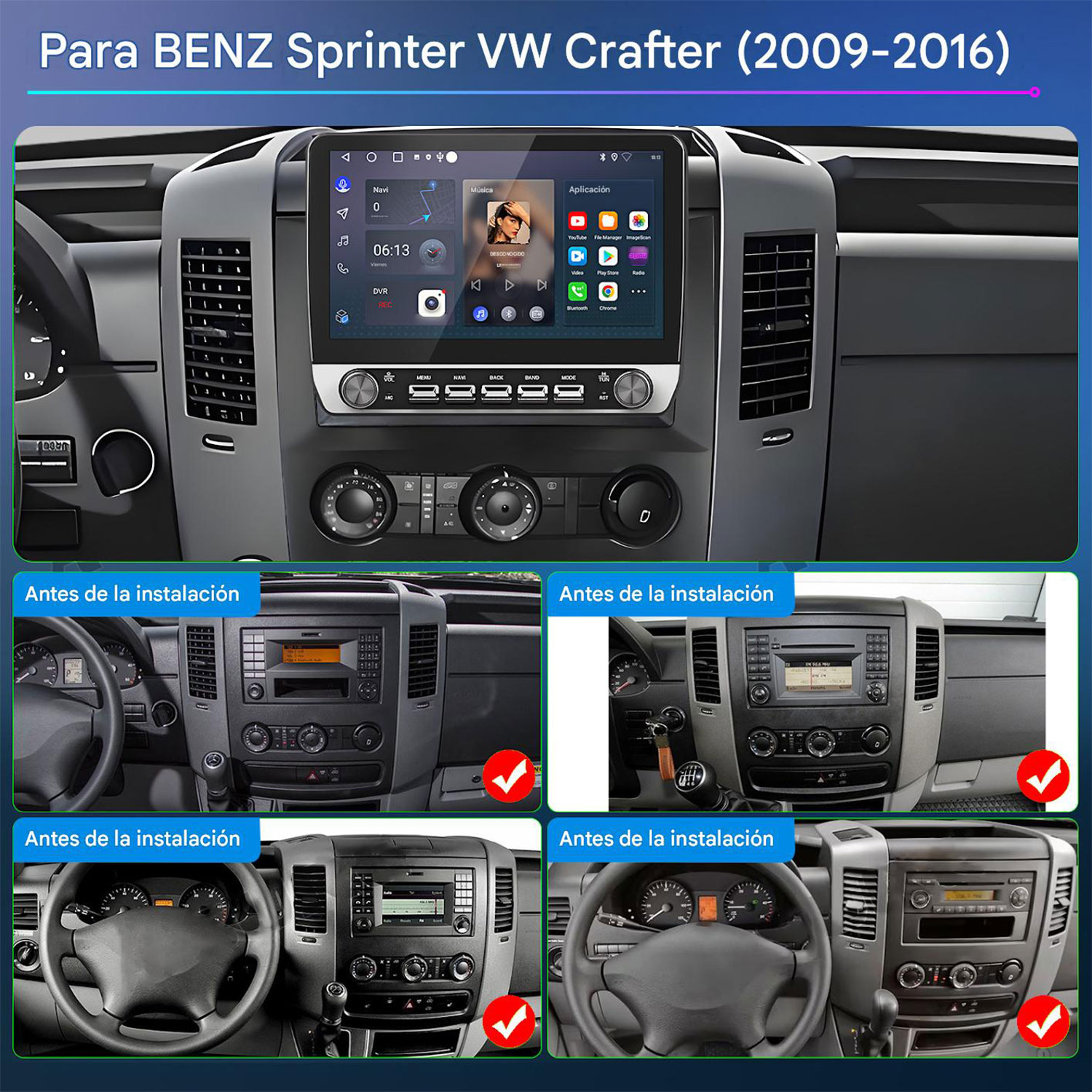 La imagen muestra una pantalla táctil de infoentretenimiento en un coche.