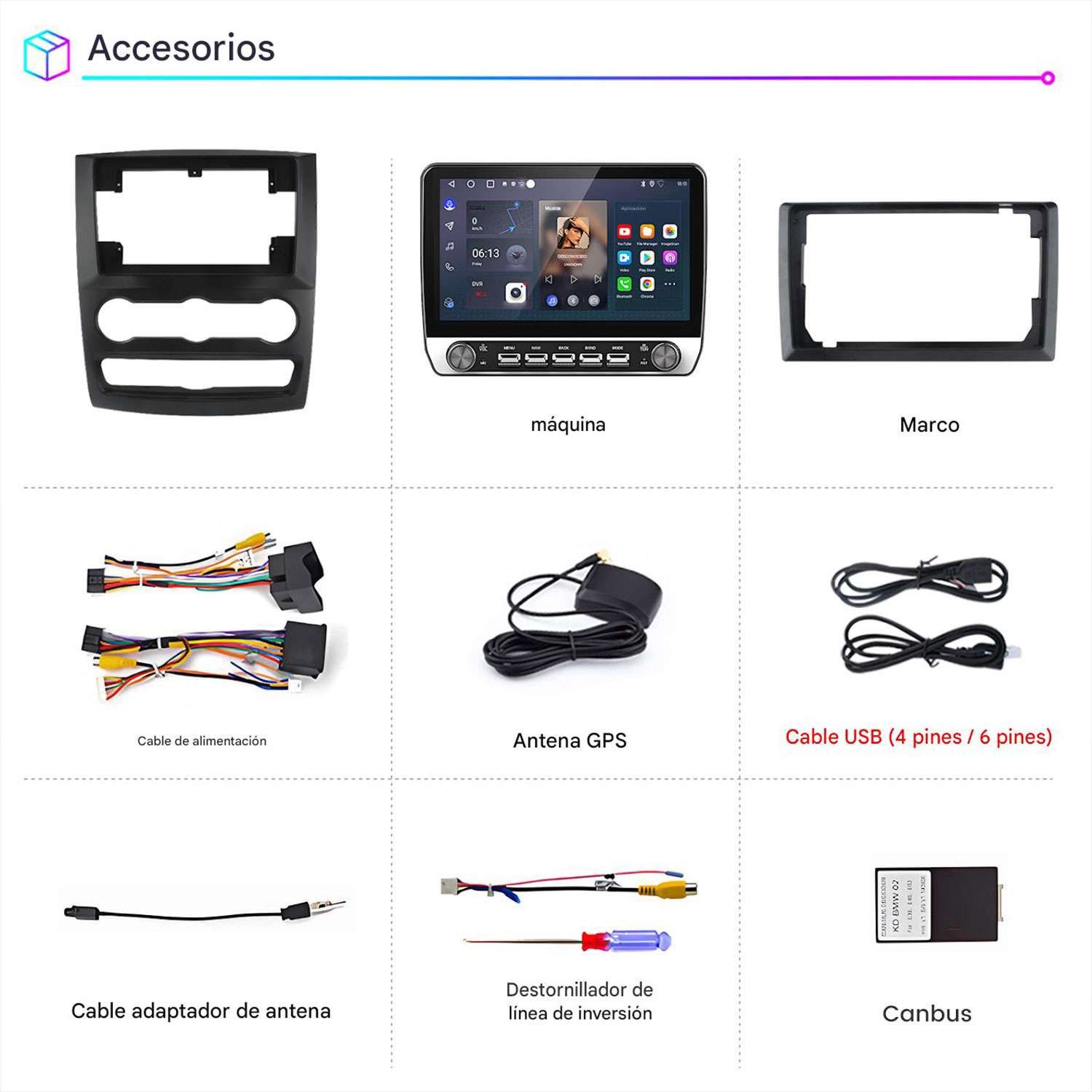 Accesorios coche: marco salpicadero, radio coche, marco, cable alimentación, antena GPS, cable USB, adaptador antena, destornillador, canbus.