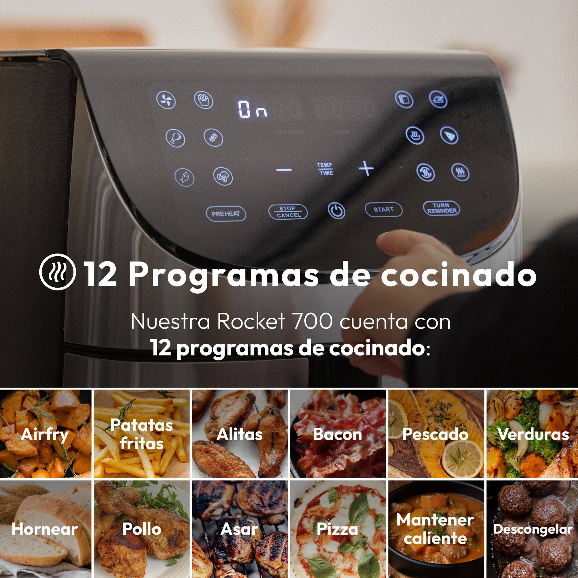 Freidora de aire con 12 programas: Airfry, patatas, alitas, bacon, pescado, verduras, hornear, pollo, asar, pizza, mantener caliente.