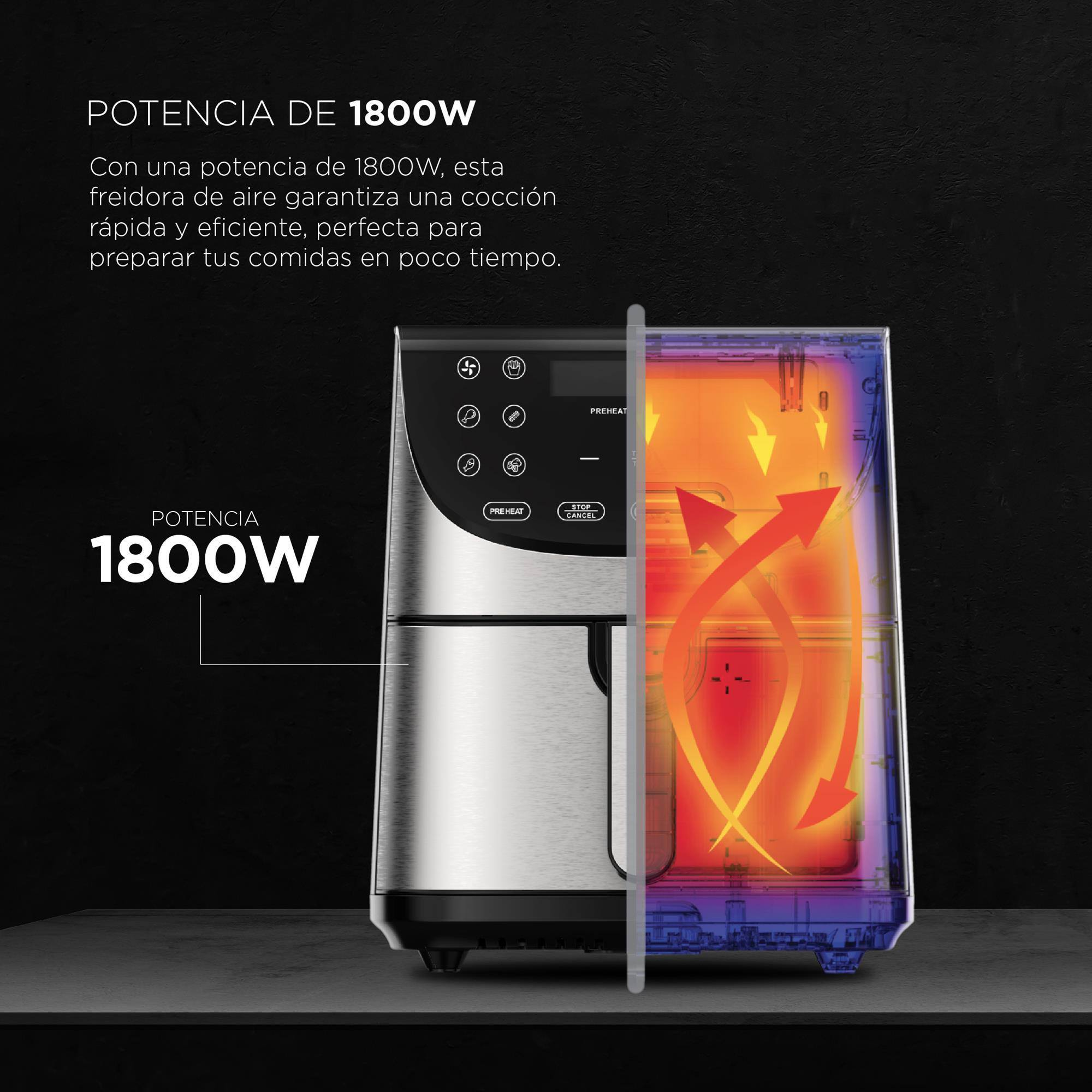 Freidora de aire de acero inoxidable de 1800W con representación visual del proceso.