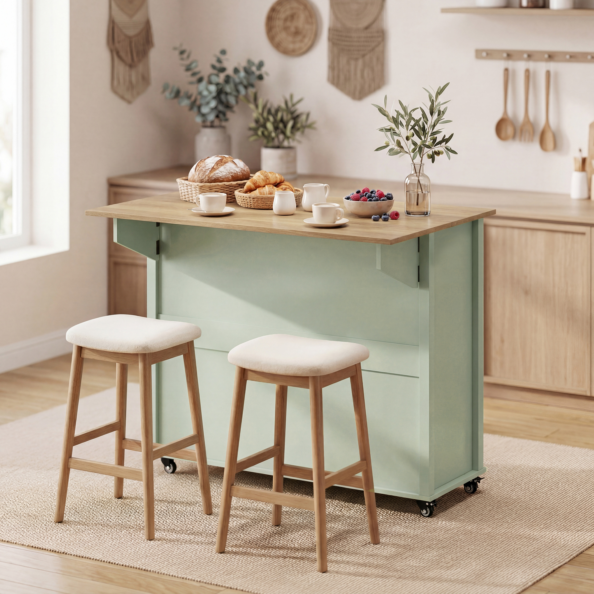 Una isla de cocina de dos niveles con base verde, encimera de madera y dos taburetes.