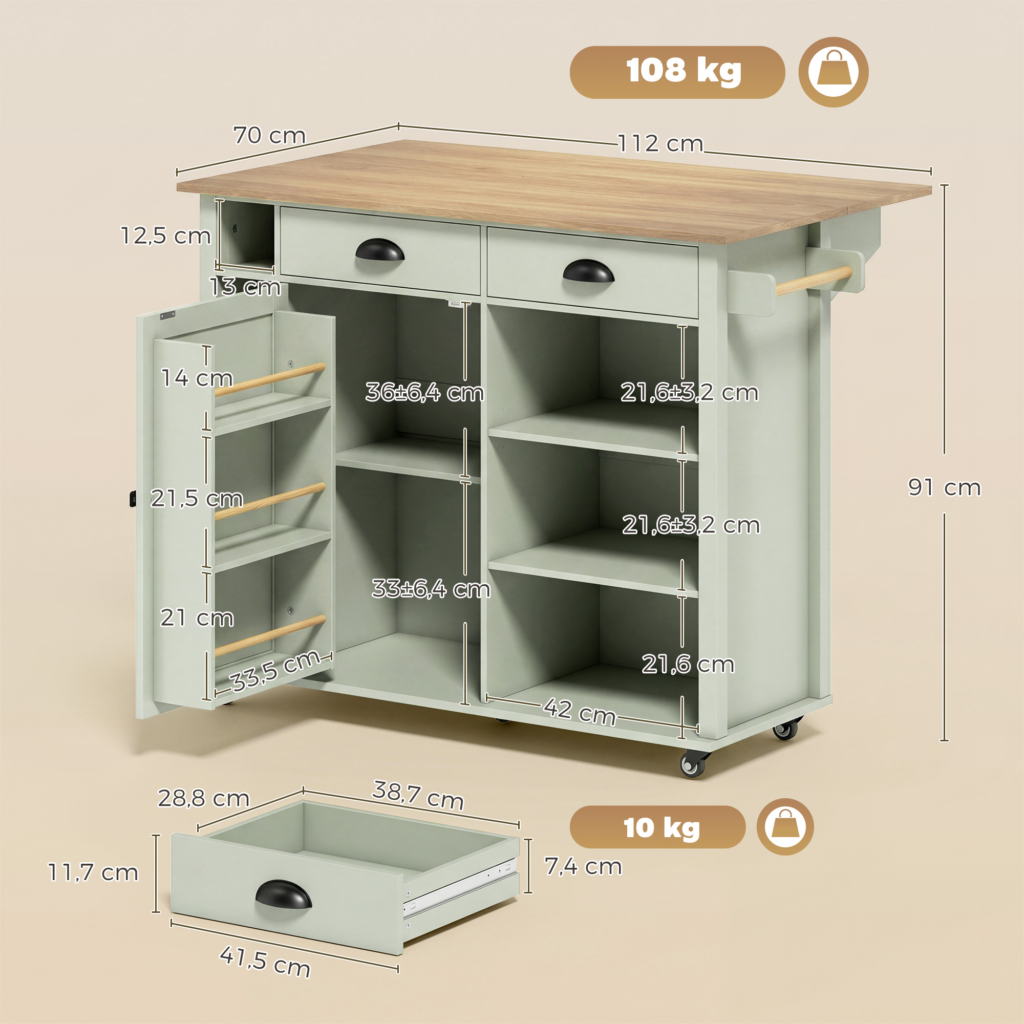 Una isla de cocina verde claro con tapa de madera, cajones y estantes abiertos. Se muestran dimensiones.