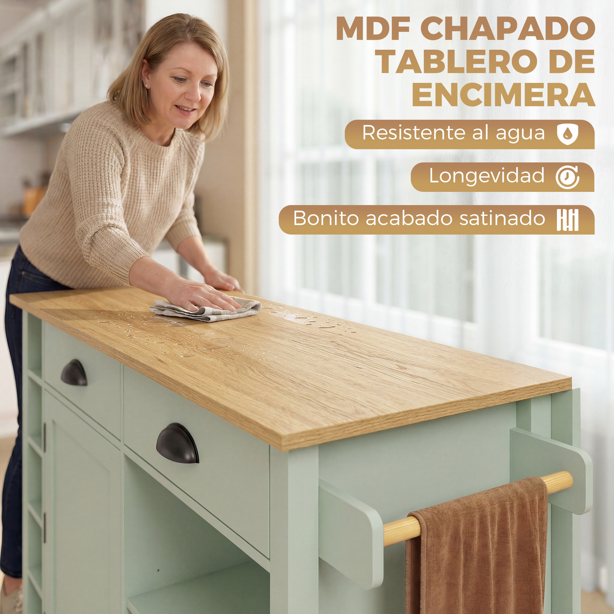 Una mujer limpia una encimera de madera con un paño, mostrando manchas de agua.