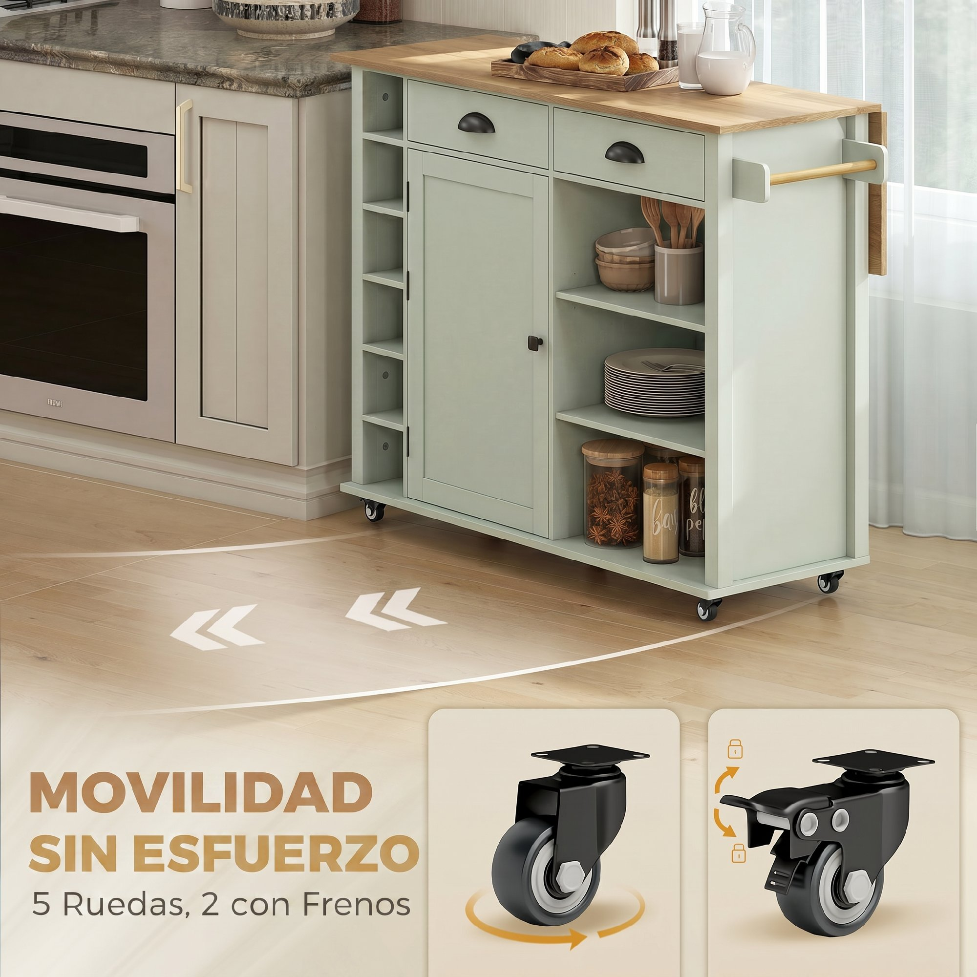 Carro de cocina con encimera de madera, cajones, armarios, estantes y ruedas.
