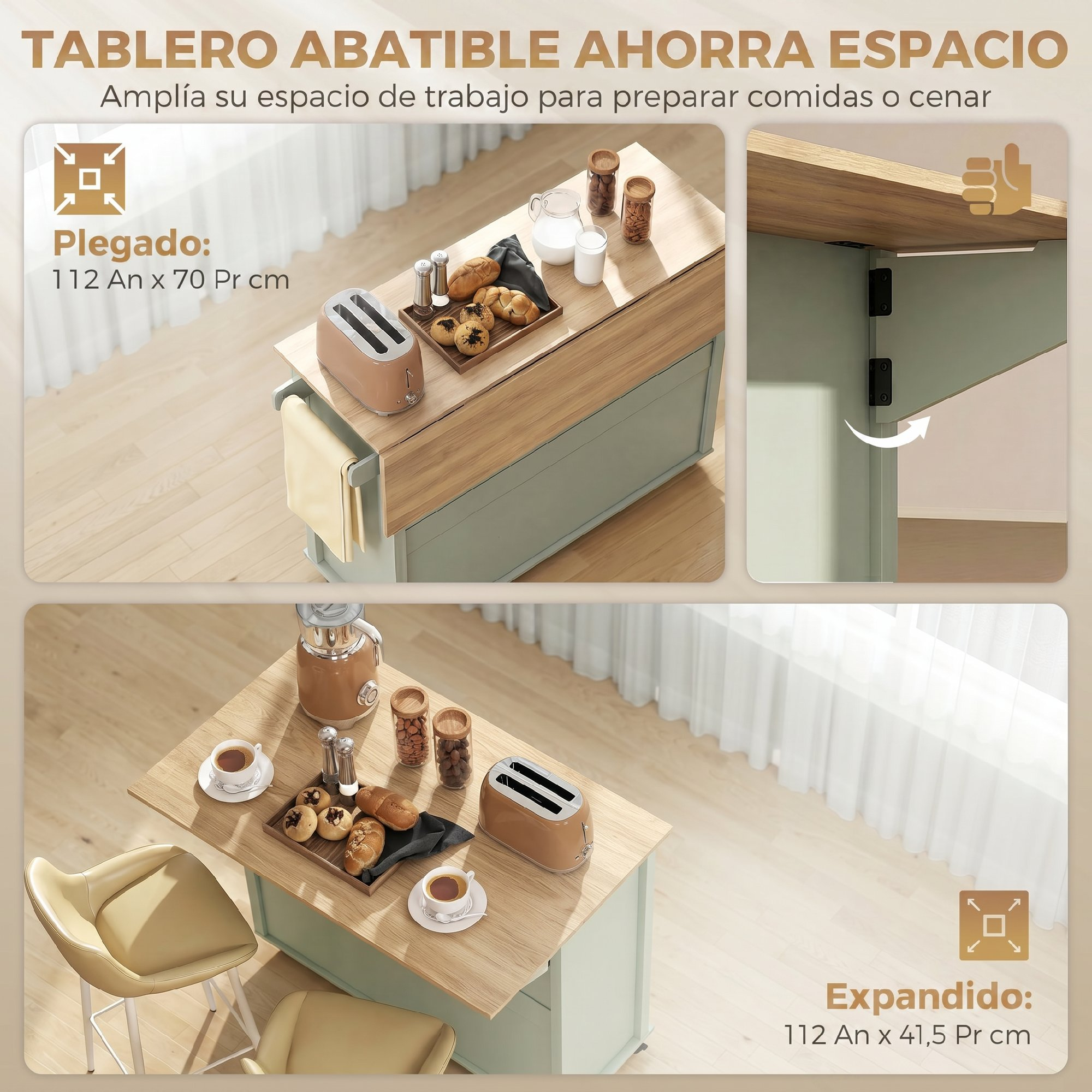 Una mesa abatible con tostadora, pan y leche, mostrada plegada y expandida.