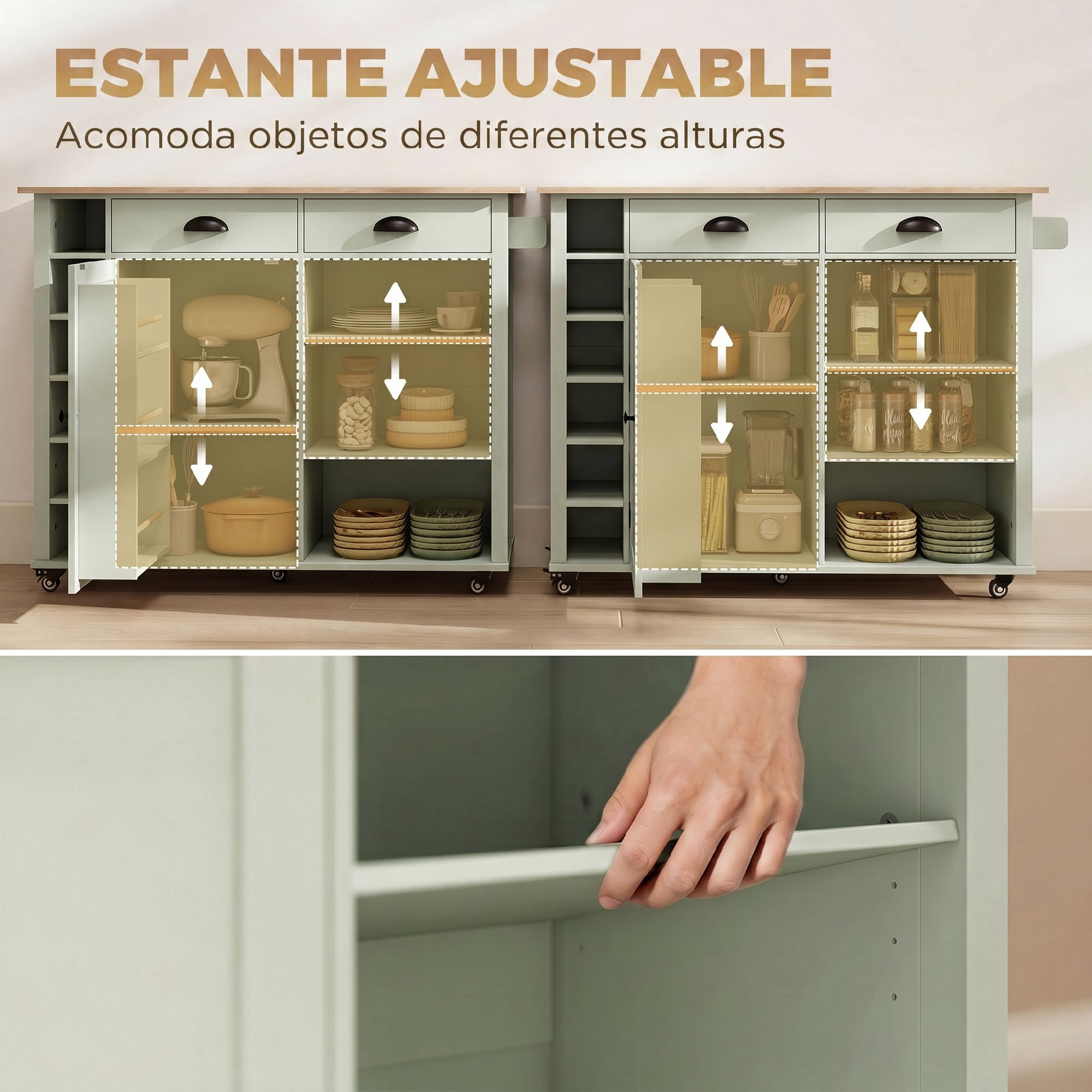 Una isla de cocina con cajones y estantes abiertos, que muestra una batidora, utensilios, frascos y platos.