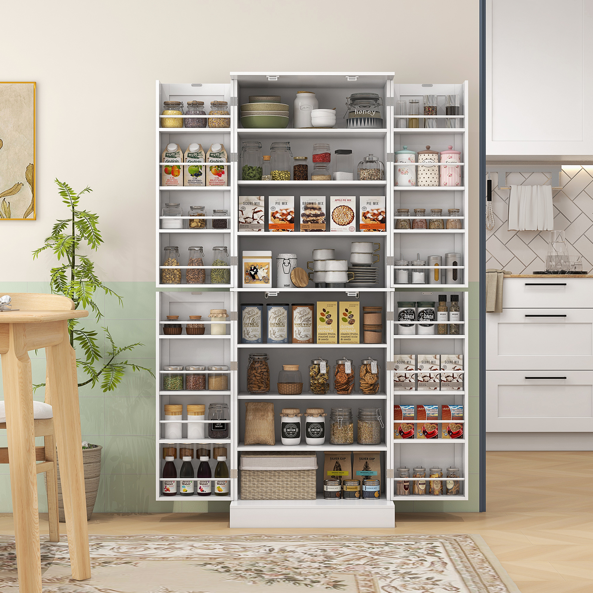 Un organizador de cocina blanco lleno de frascos, recipientes y alimentos en estantes.