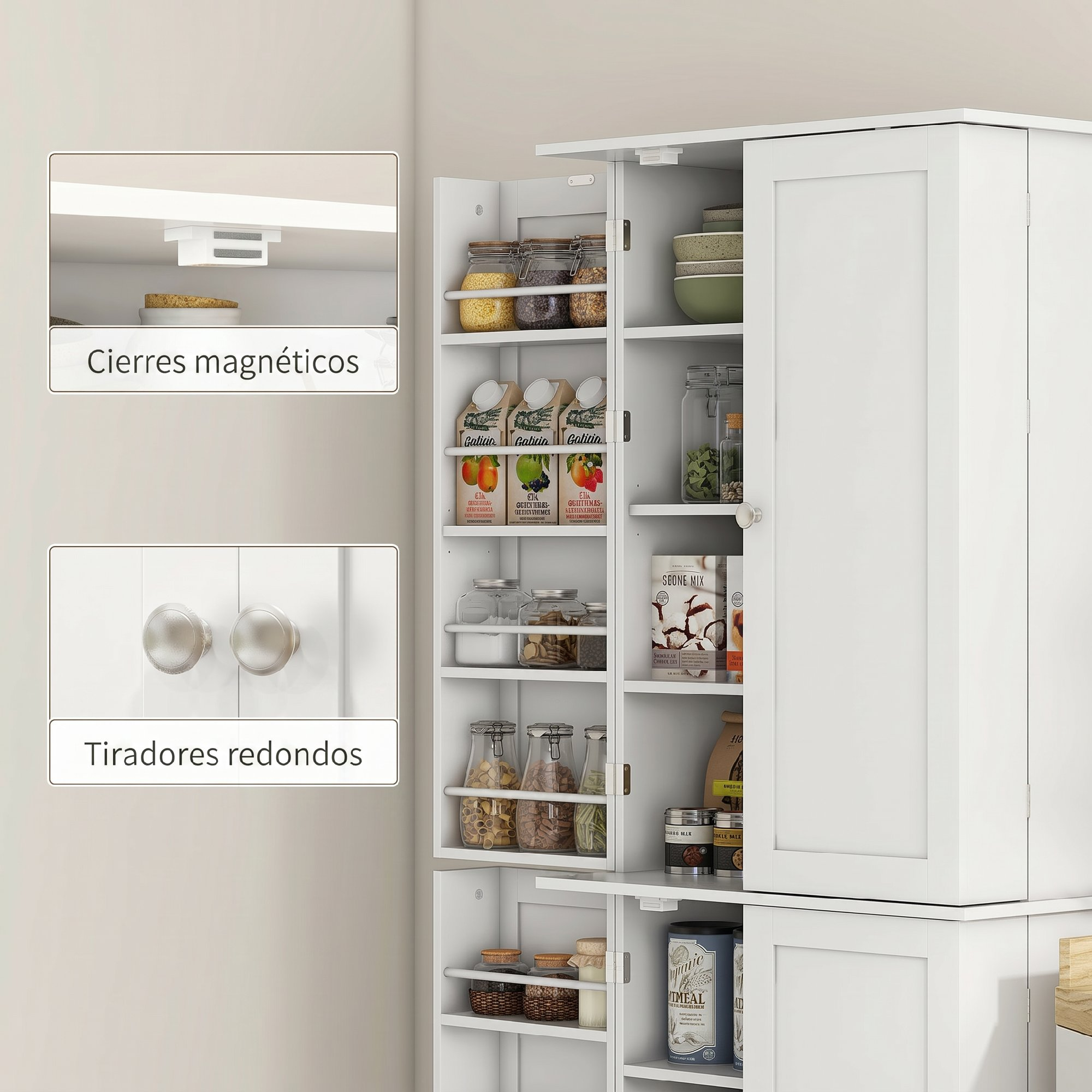 Una alacena de cocina blanca con puertas abiertas, llena de alimentos.