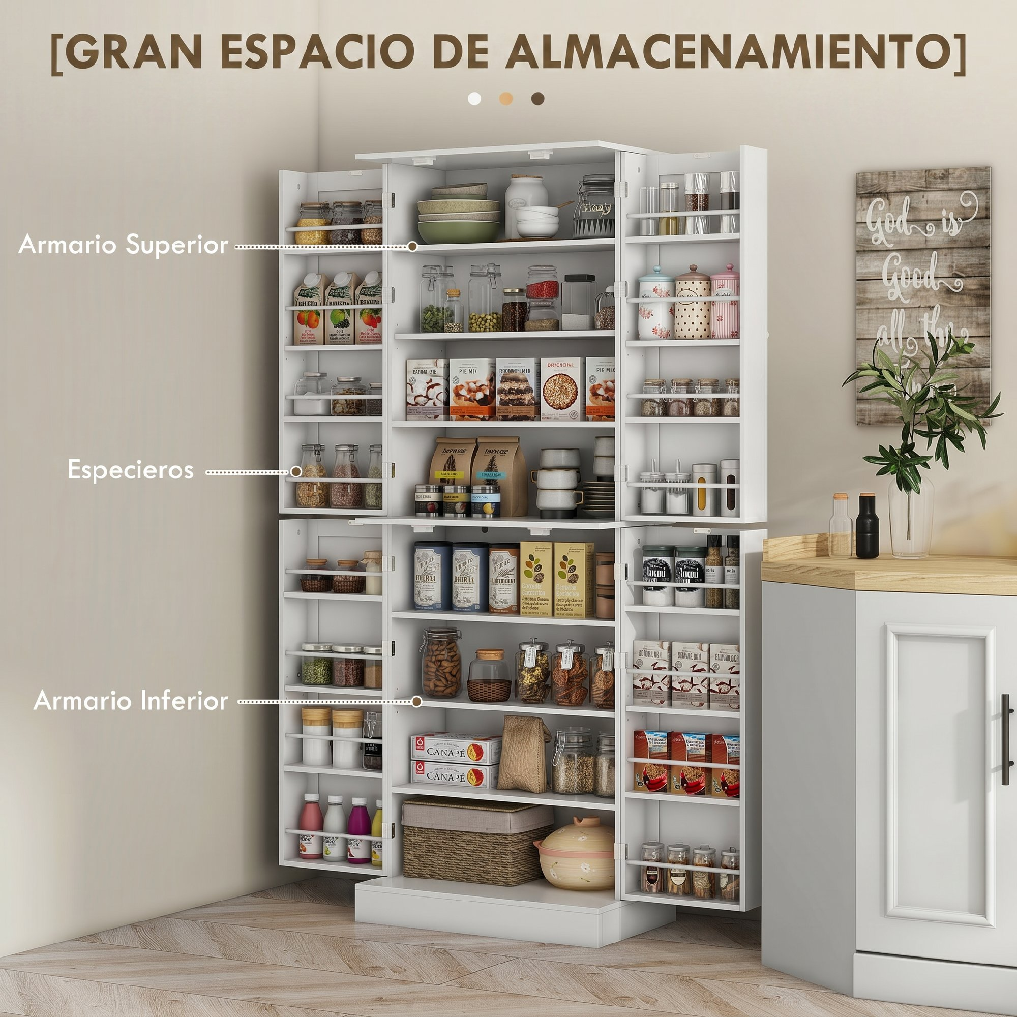Un alto armario blanco abierto muestra estantes llenos de comida y platos.