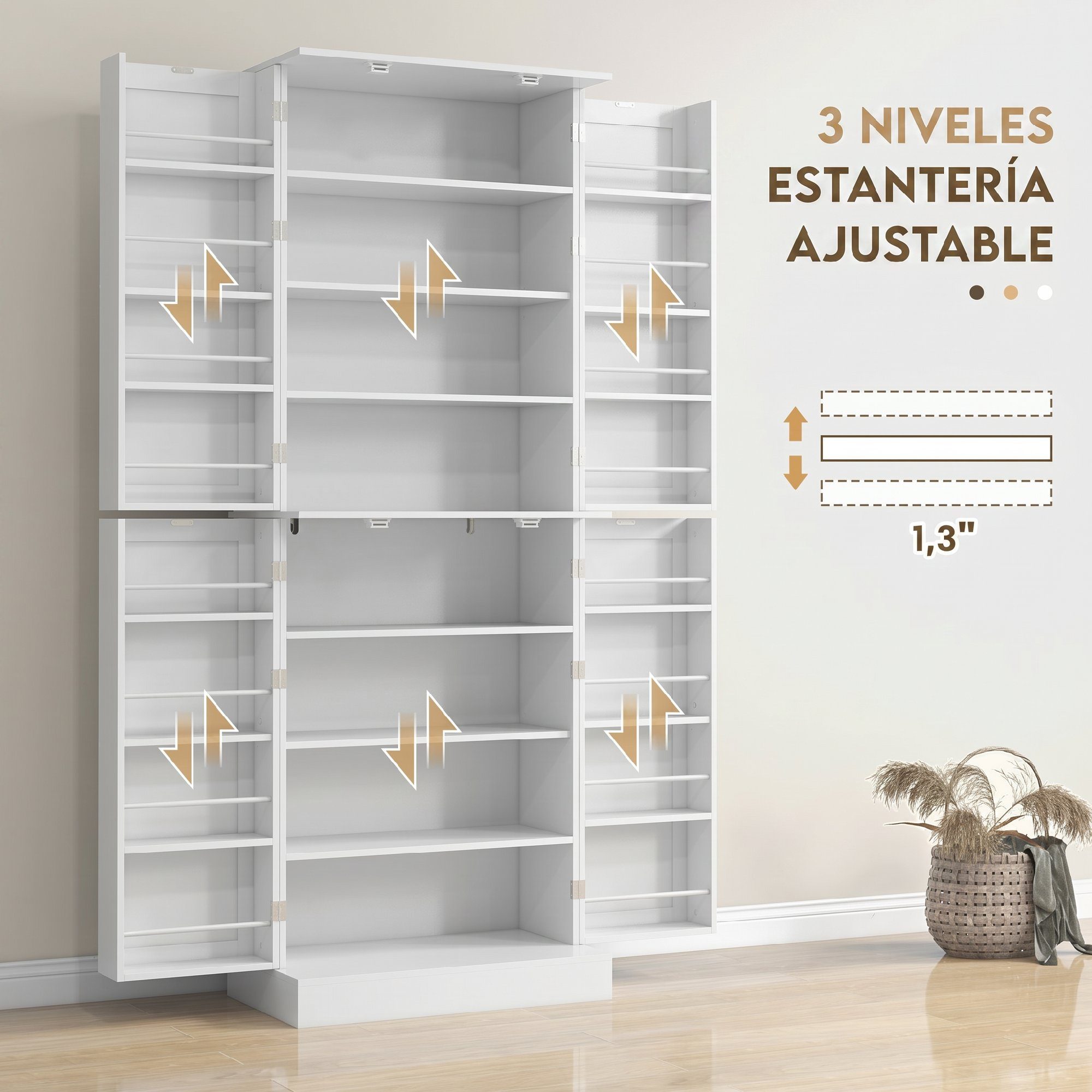 Un mueble blanco con múltiples estantes ajustables y flechas que indican la ajustabilidad.