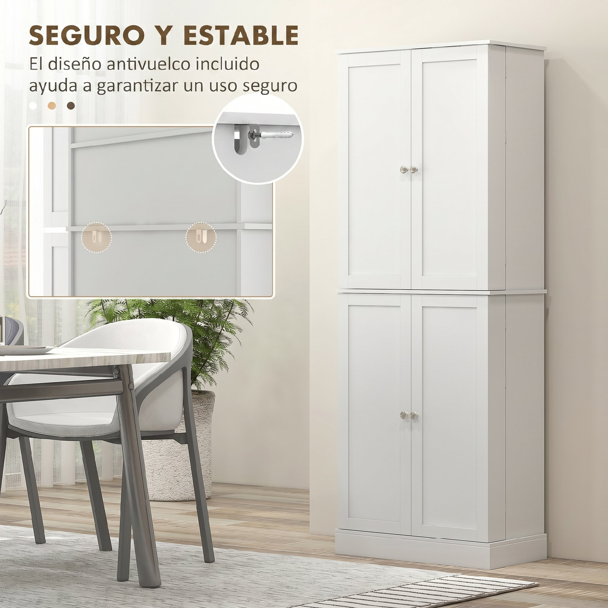 Un armario blanco alto con dos puertas arriba y dos abajo, en una habitación con mesa y sillas.