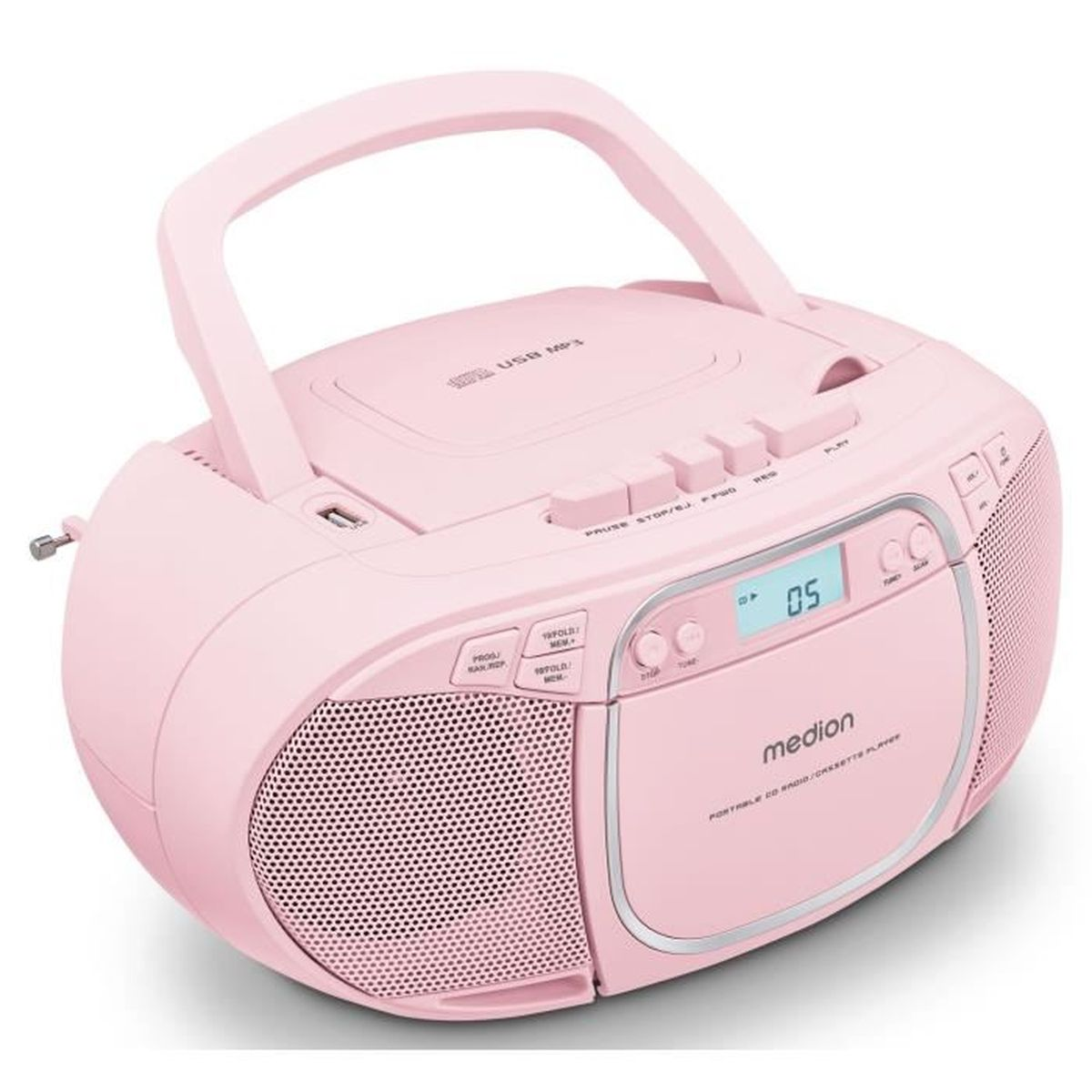 Ein rosafarbener Medion Boombox mit CD-Player, Kassette und USB-Anschluss.