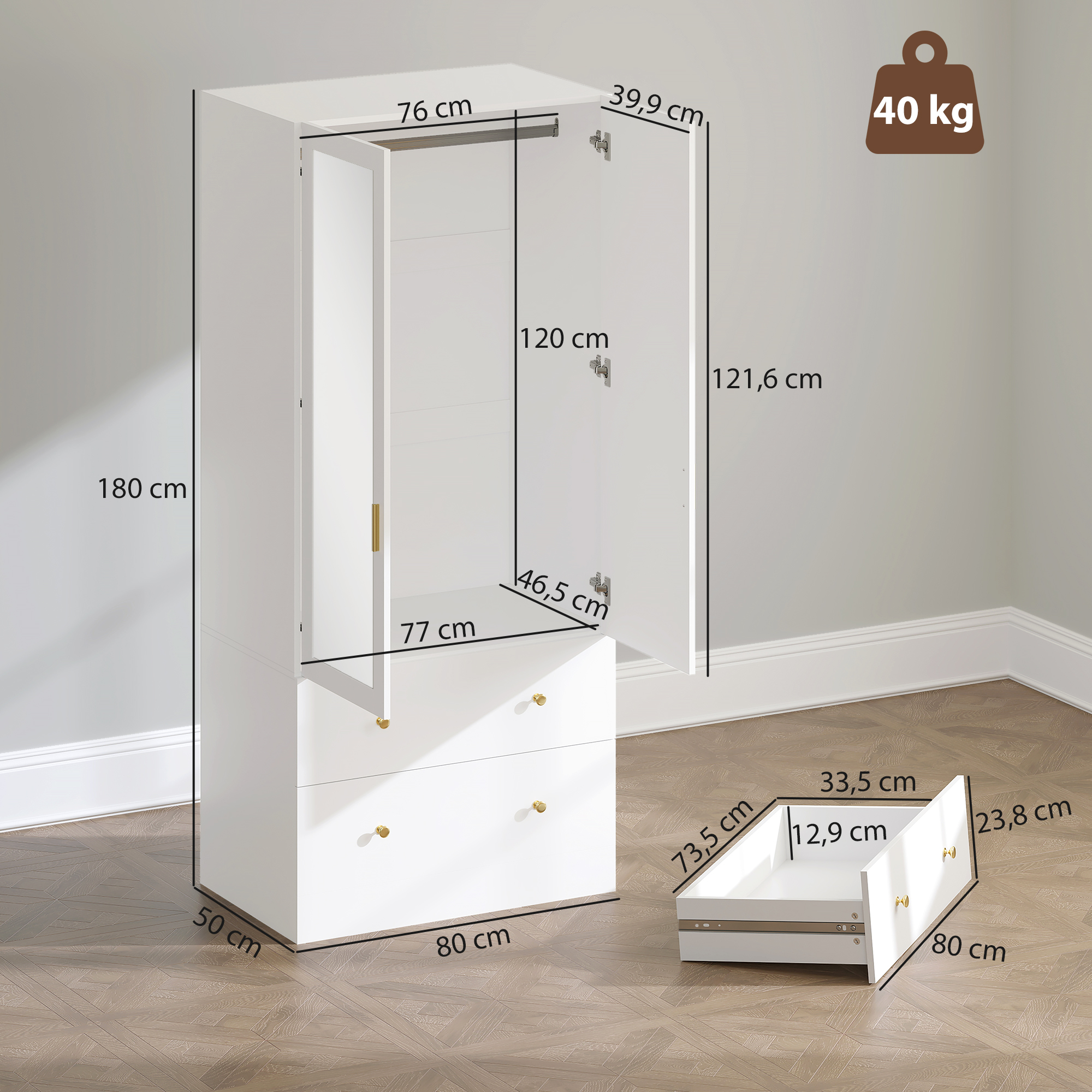 Un armario blanco con puertas y cajones abiertos, se indican las dimensiones.