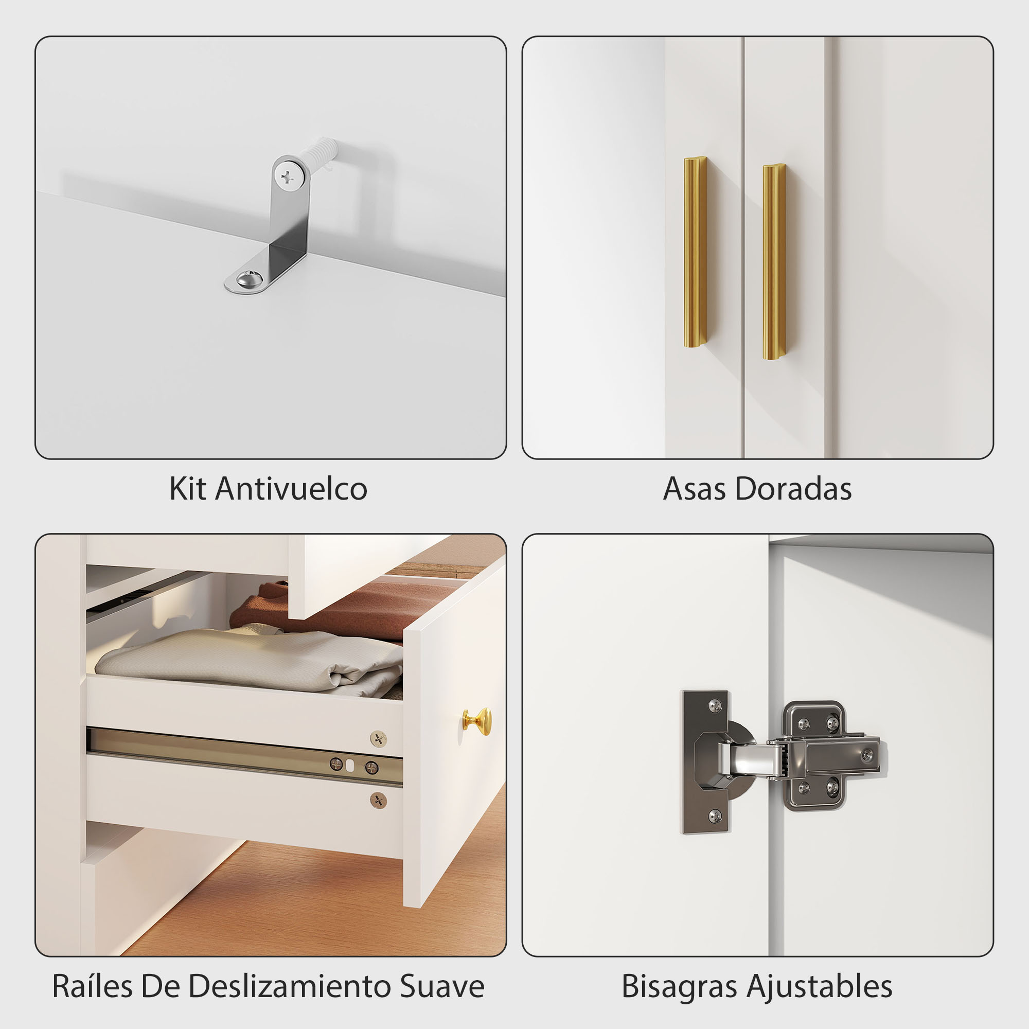 Cuatro detalles: kit antivuelco, tiradores dorados, cajones, bisagras.
