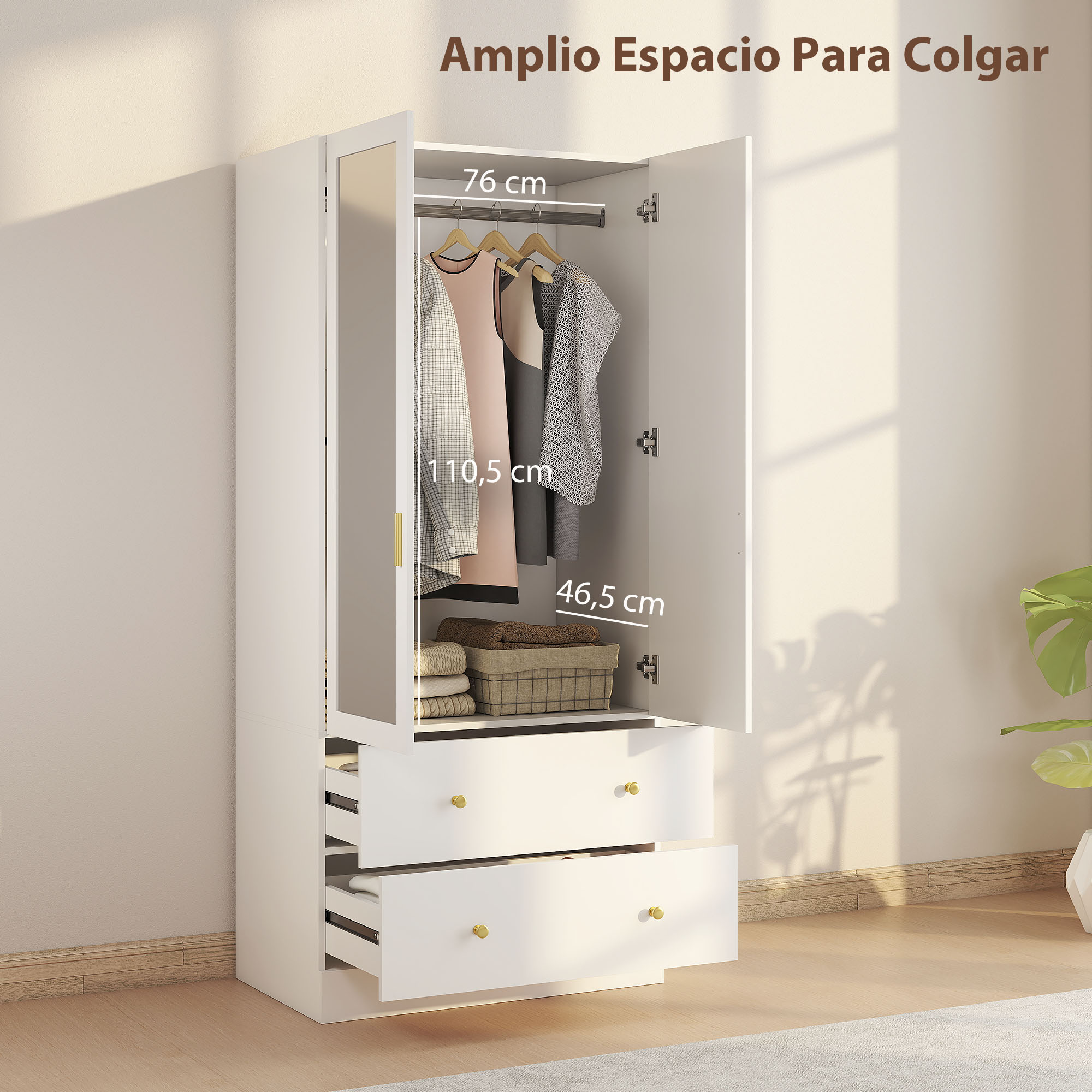 Un armario blanco con puertas abiertas, mostrando ropa, ropa doblada y cajones.