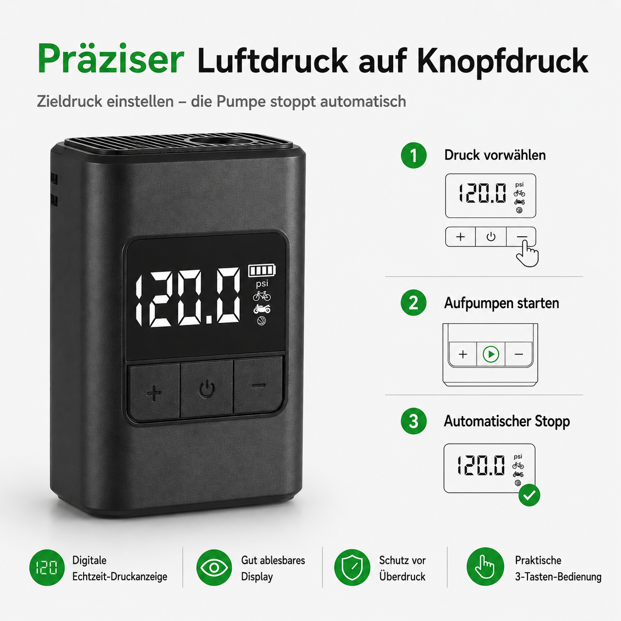 Schwarzer digitaler Luftkompressor mit Display, das 120.0 psi anzeigt.