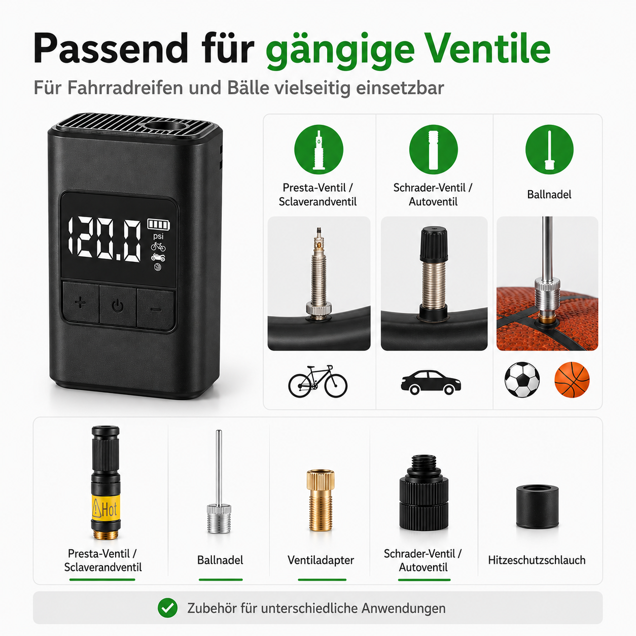 Schwarzer digitaler Reifenfüller mit verschiedenen Aufsätzen für Ventile und Bälle.