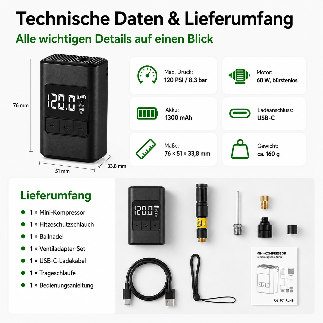Produktübersicht: Mini-Kompressor mit technischen Daten, Abmessungen, Akku, Motor und Lieferumfang.