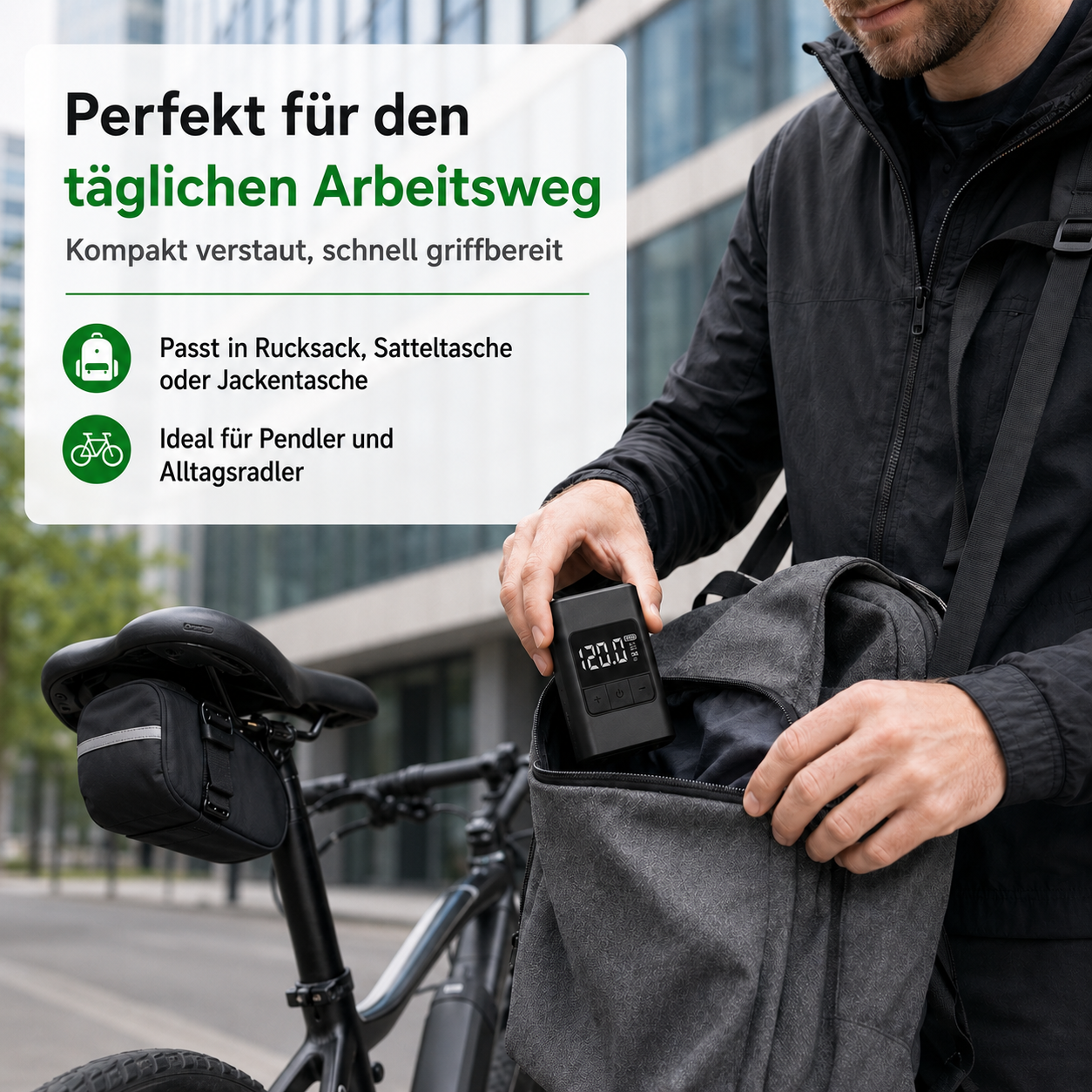 Mann legt kompakten schwarzen Luftkompressor in Rucksack neben Fahrrad.