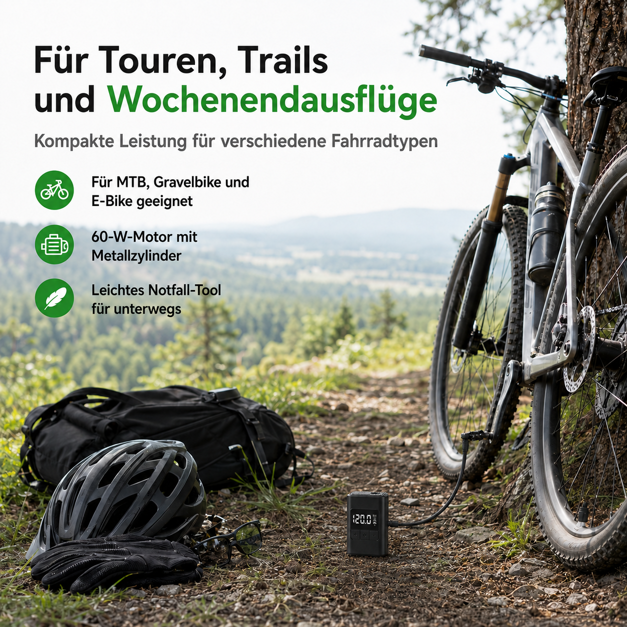 Fahrradzubehör: Pumpe, Helm, Handschuhe, Rucksack, Brille mit Berglandschaft.