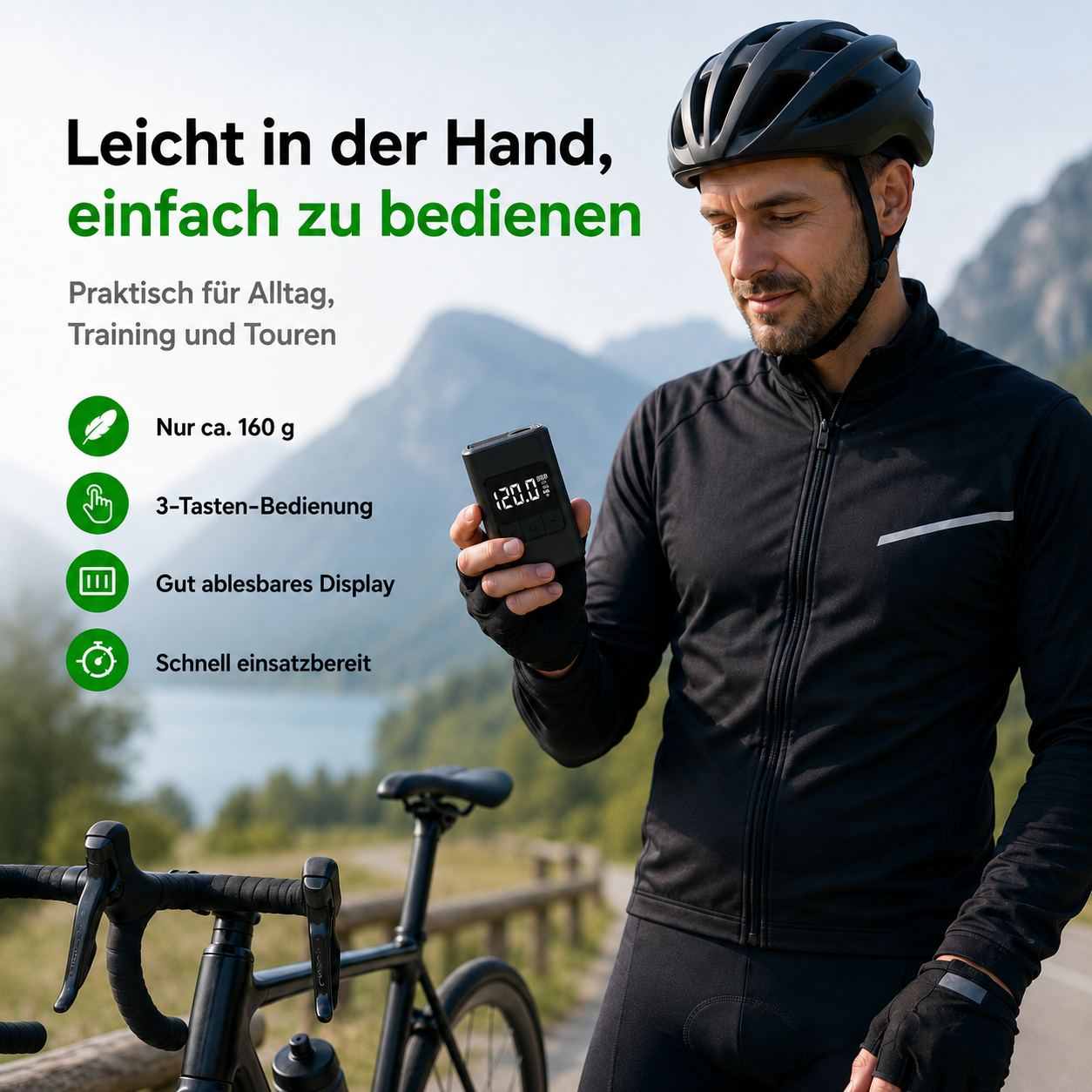 Mann mit Fahrrad hält Reifenfüller. Draußen, Berglandschaft im Hintergrund.
