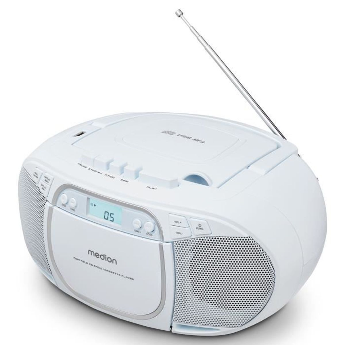 Un lettore CD, radio, cassette Medion bianco con antenna estesa e vano CD aperto.