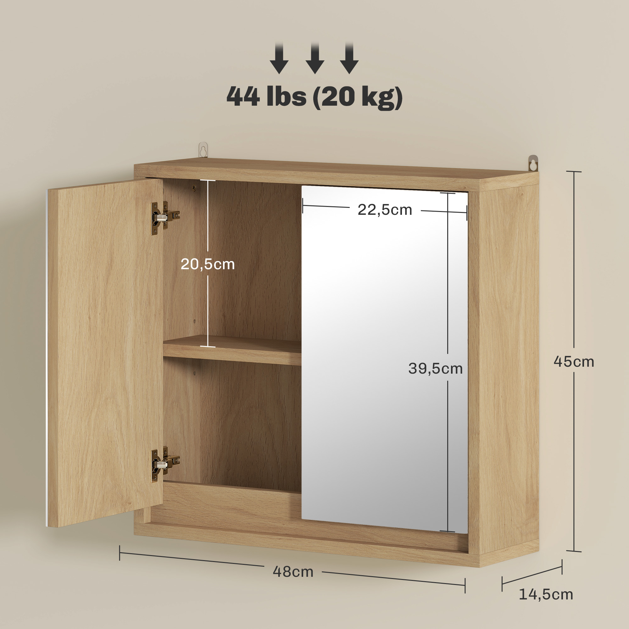 Armario de madera con una puerta, un estante y un espejo. Dimensiones mostradas.