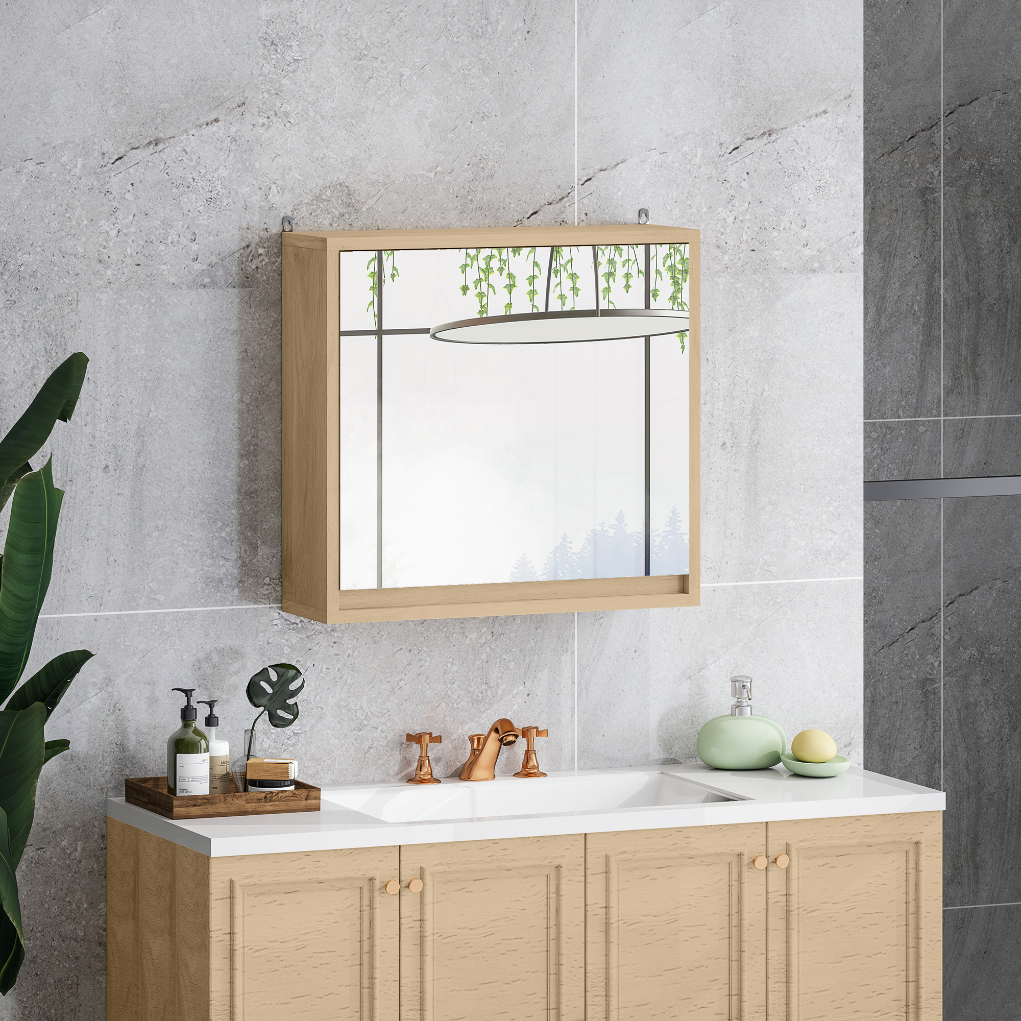 Un botiquín de madera sobre un lavabo con grifo de cobre y artículos de tocador.