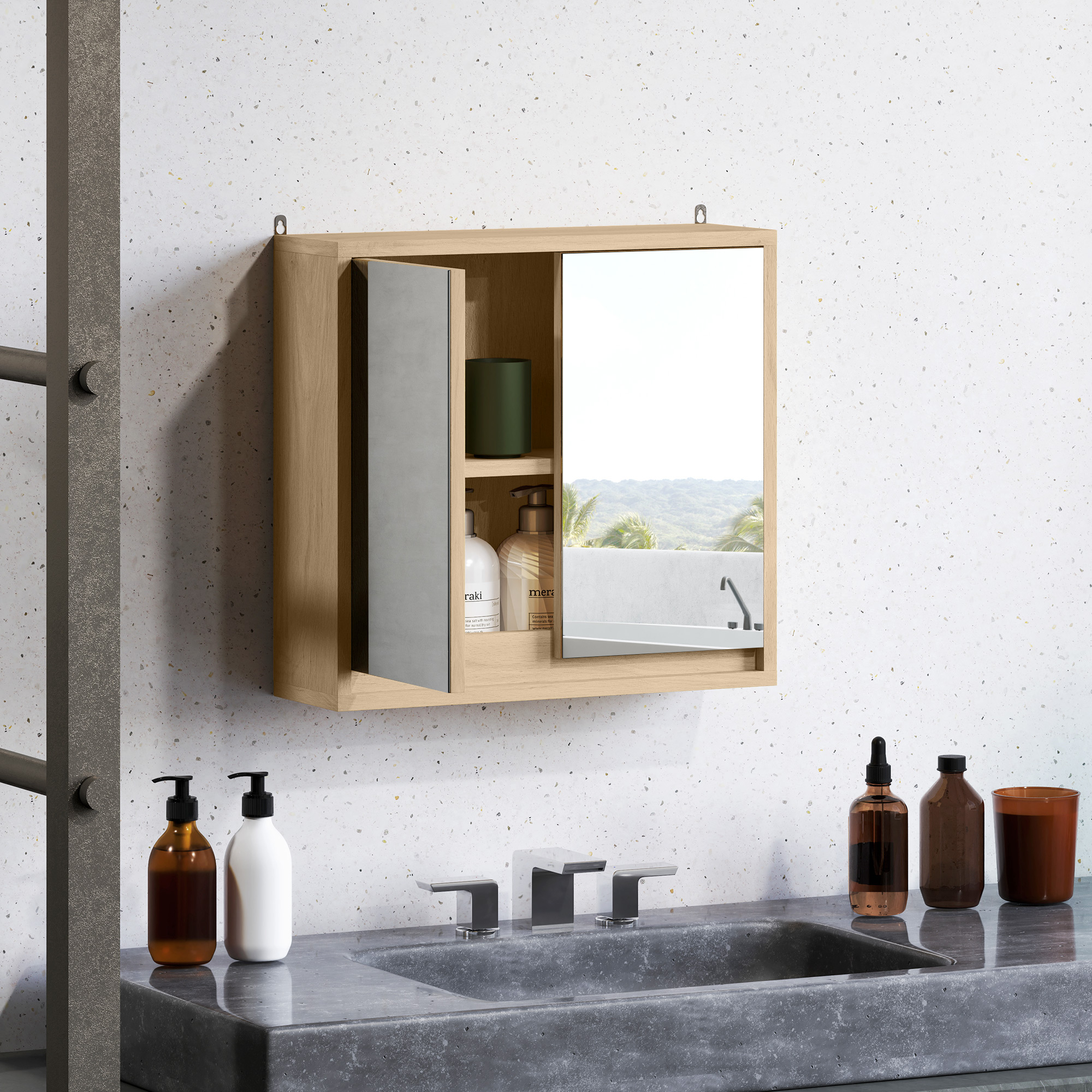 Un mueble de baño de madera con espejo sobre un lavabo de piedra con grifos.