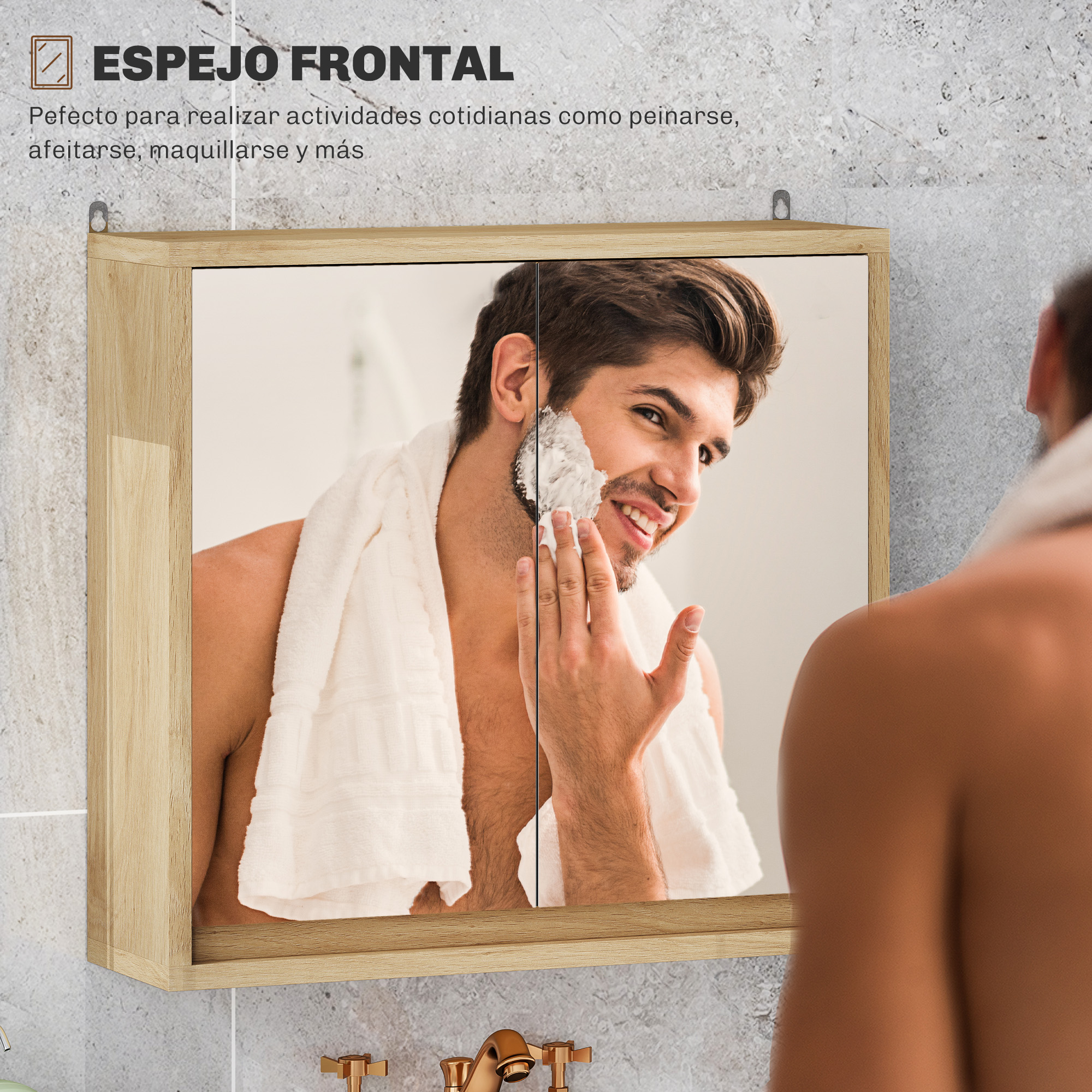 Hombre afeitándose con espuma frente a un botiquín de madera.