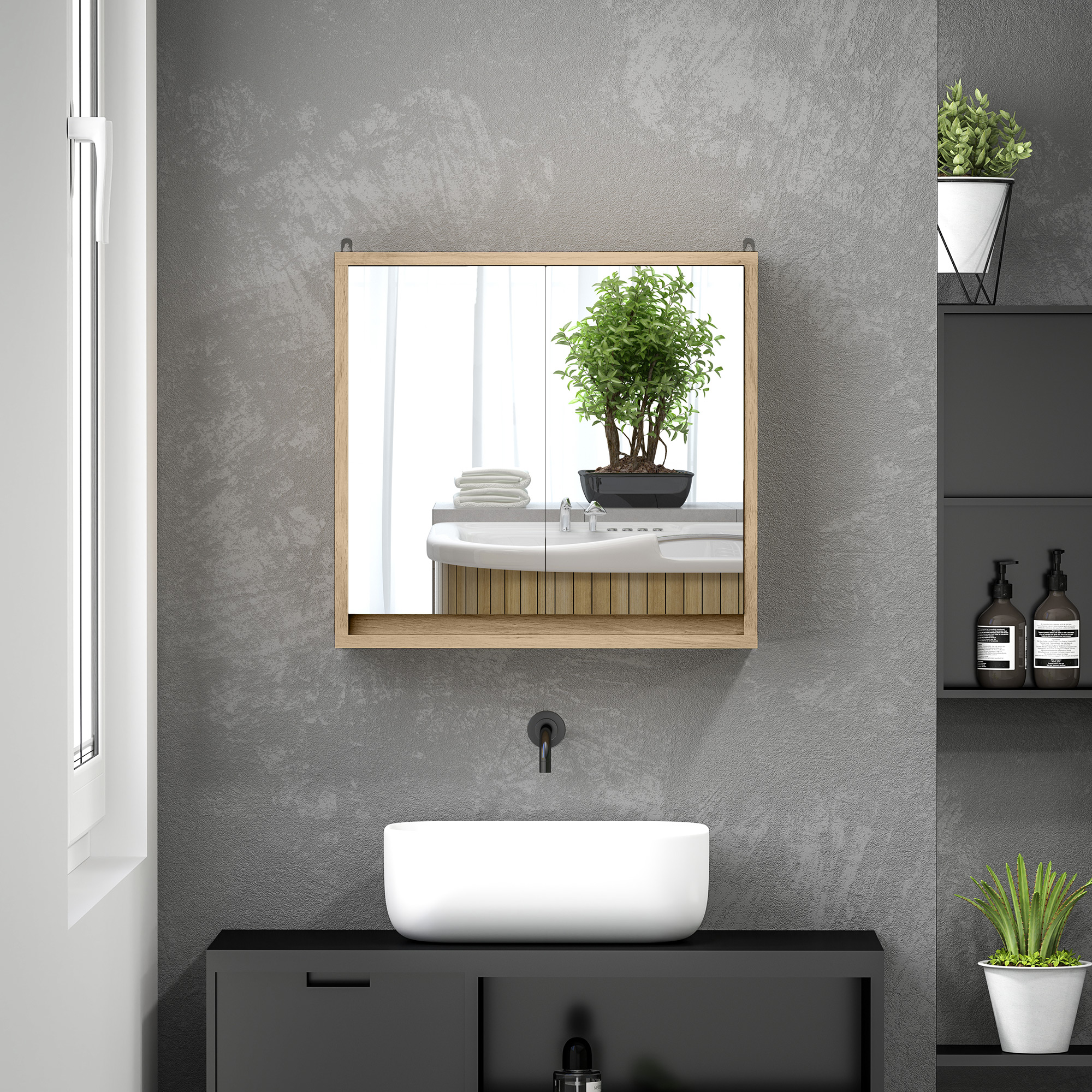 Un baño moderno con lavabo blanco, detalles de madera y plantas.