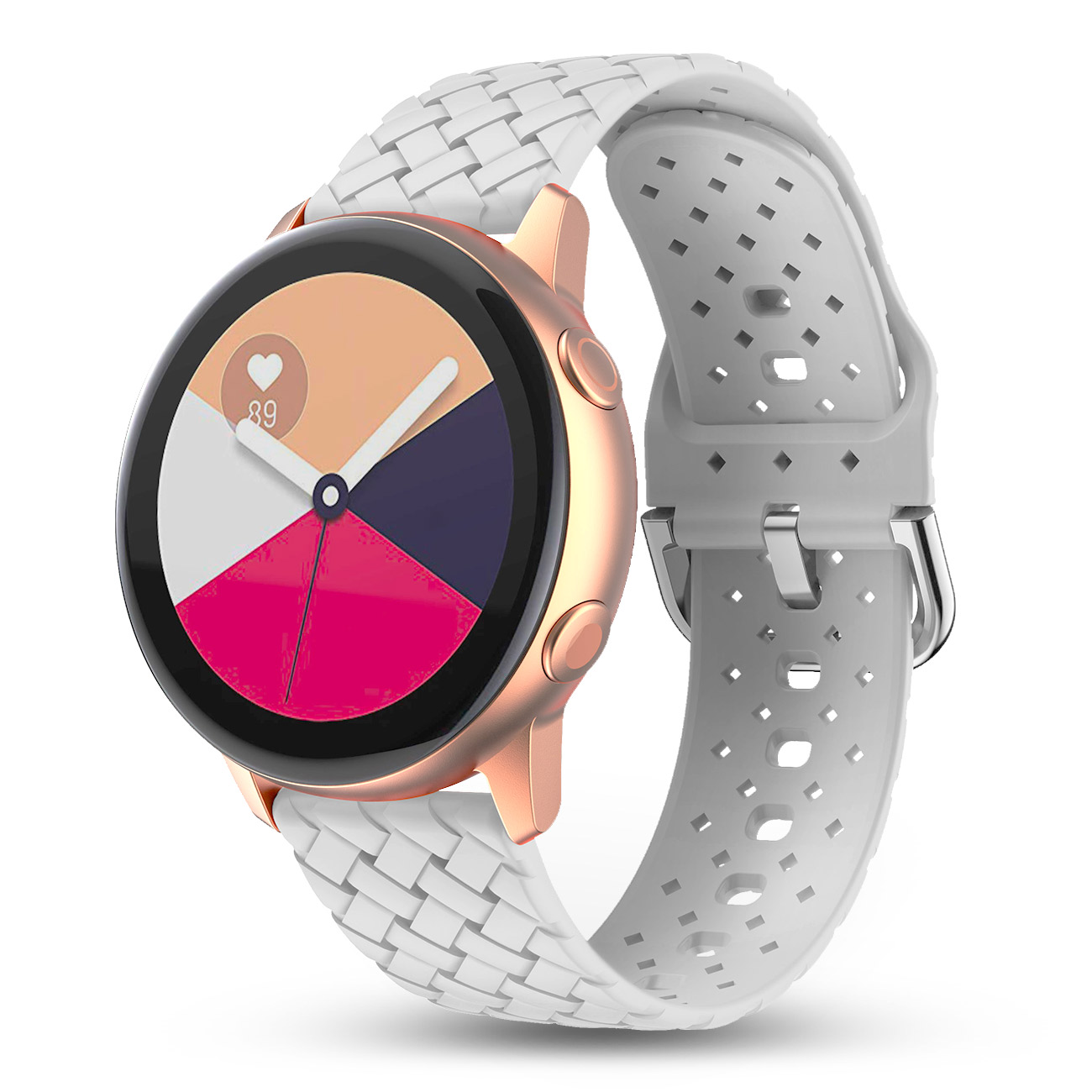 Różowozłoty smartwatch z białym perforowanym paskiem. Wyświetlacz cyfrowy pokazuje ikonę serca.