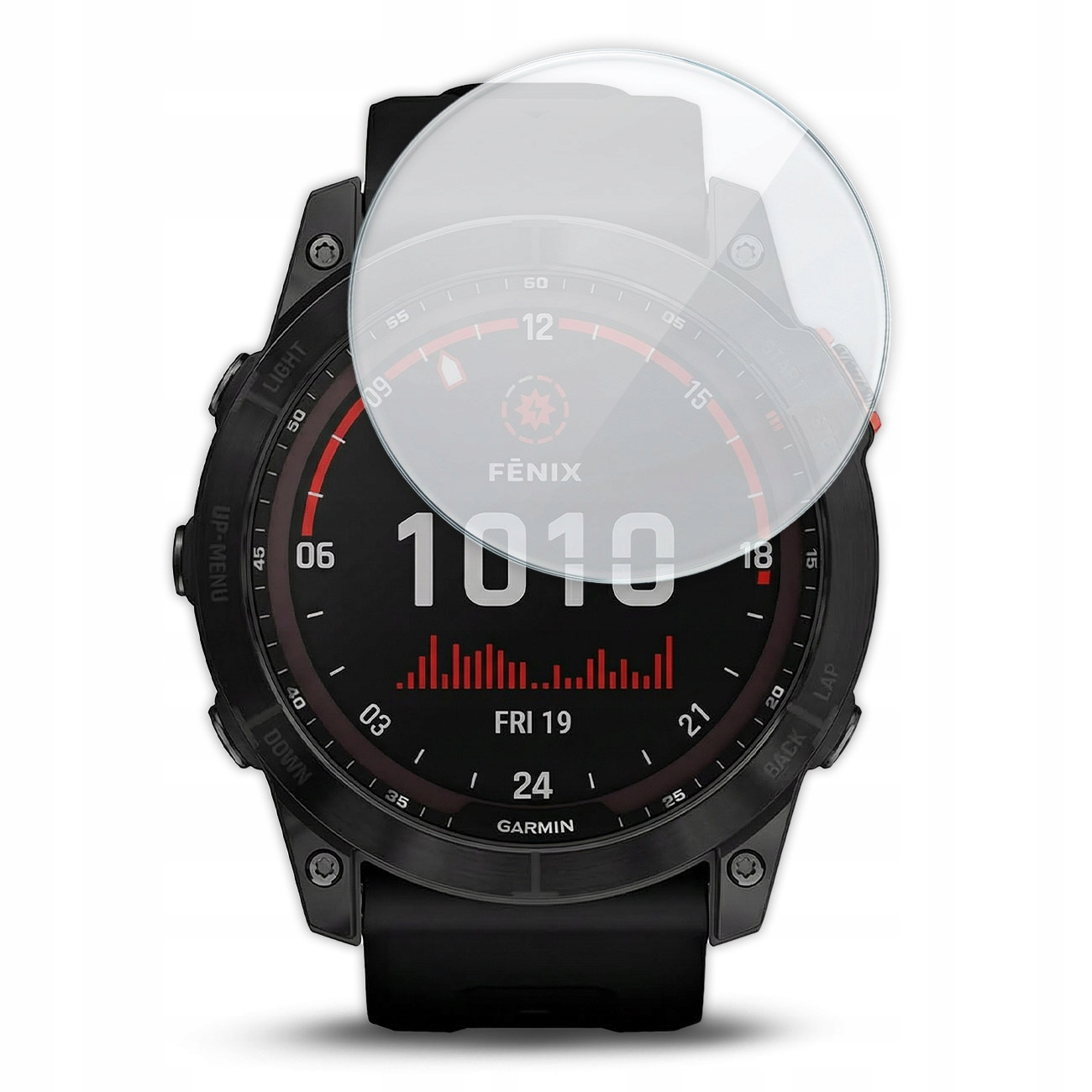 Czarny smartwatch Garmin Fenix z lupą, wyświetla 1010.