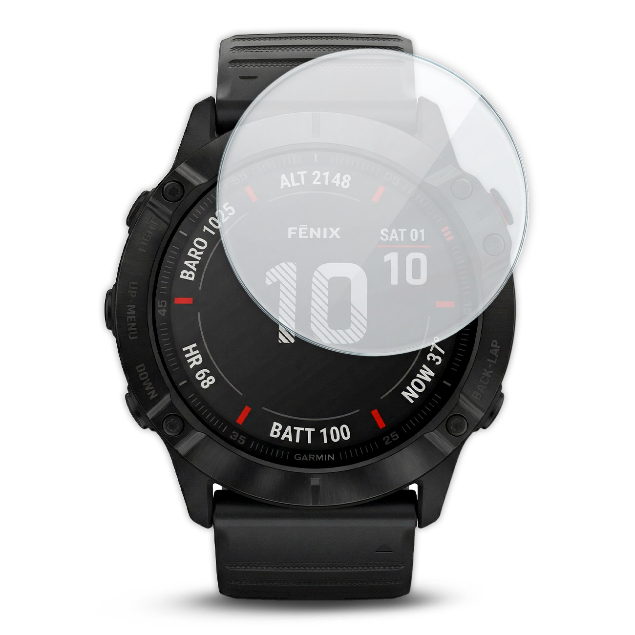 Czarny zegarek Garmin Fenix z folią ochronną, pokazujący czas, datę, wysokość, tętno, baterię.