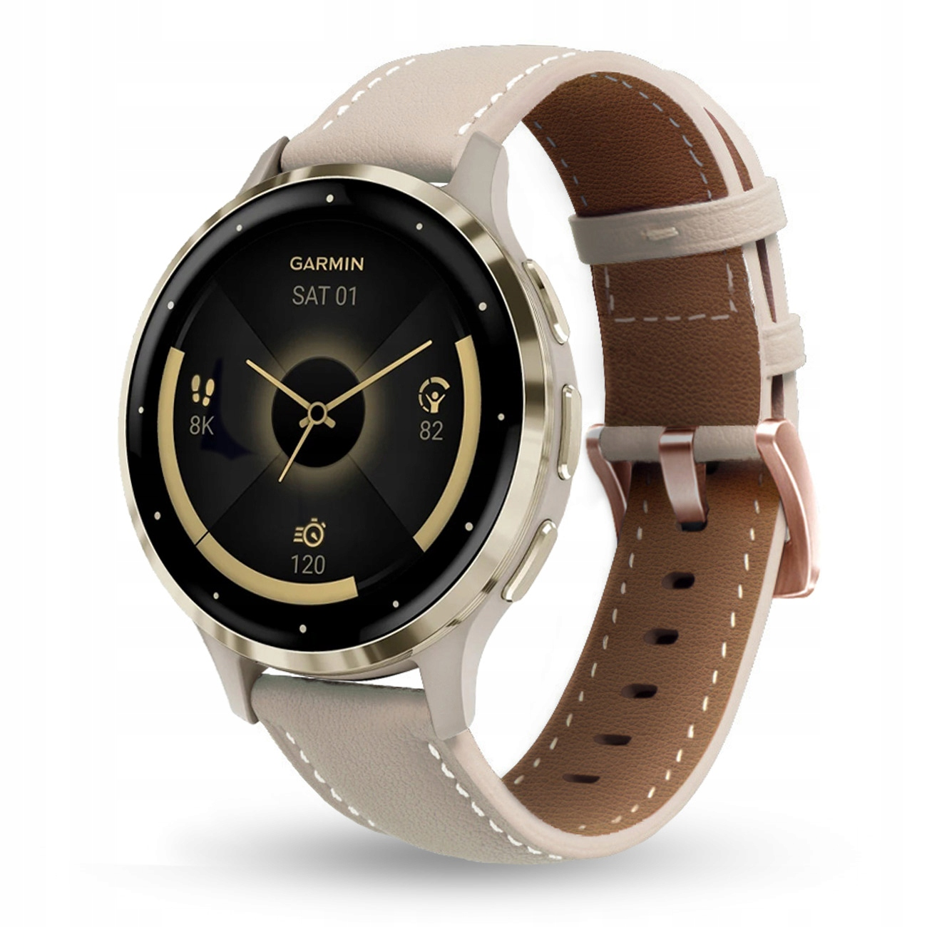 Zegarek Garmin z jasną skórzaną bransoletą i kopertą w kolorze różowego złota.