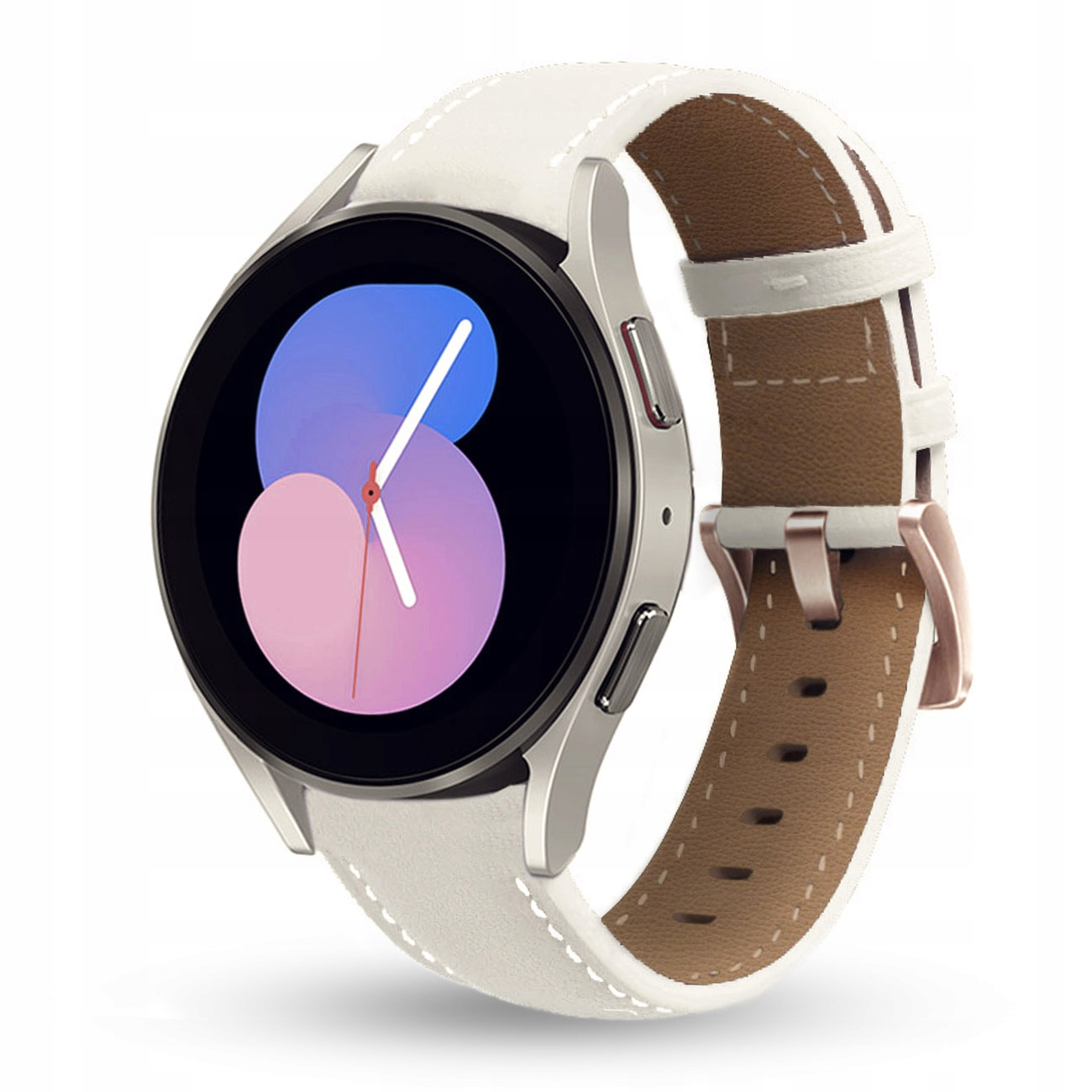 Biały smartwatch z brązowym skórzanym paskiem i srebrną kopertą.