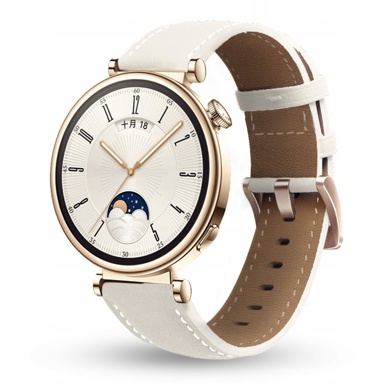 Biały skórzany smartwatch ze złotą kopertą i tarczą faz księżyca.