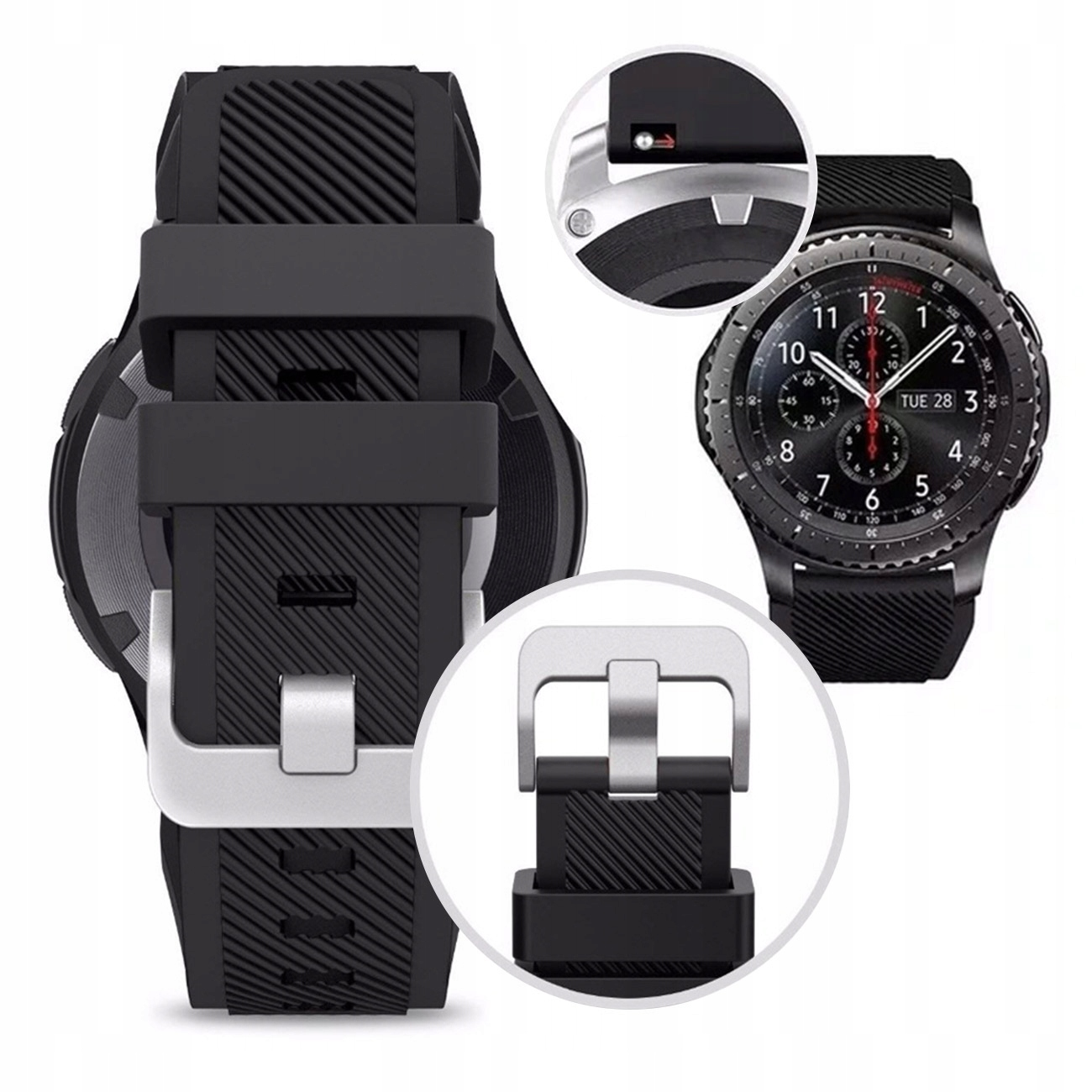 Czarny smartwatch ze srebrną klamrą i tarczą zegarka.