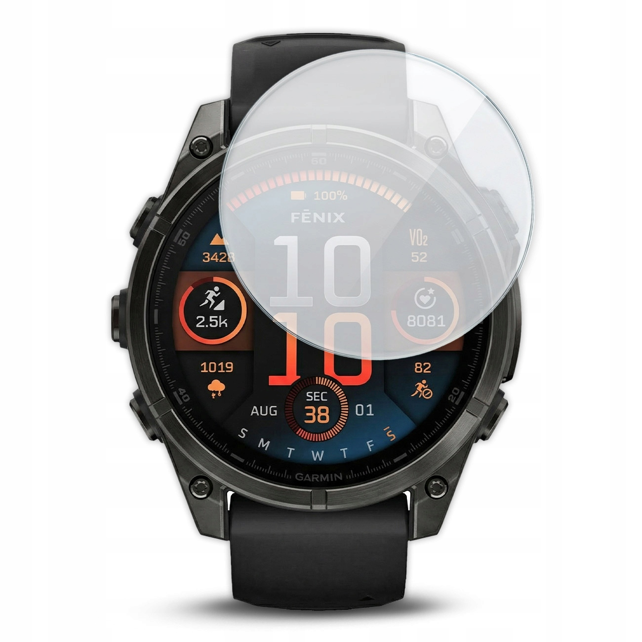 Zbliżenie na czarny smartwatch Garmin Fenix z ochronną szklaną tarczą.
