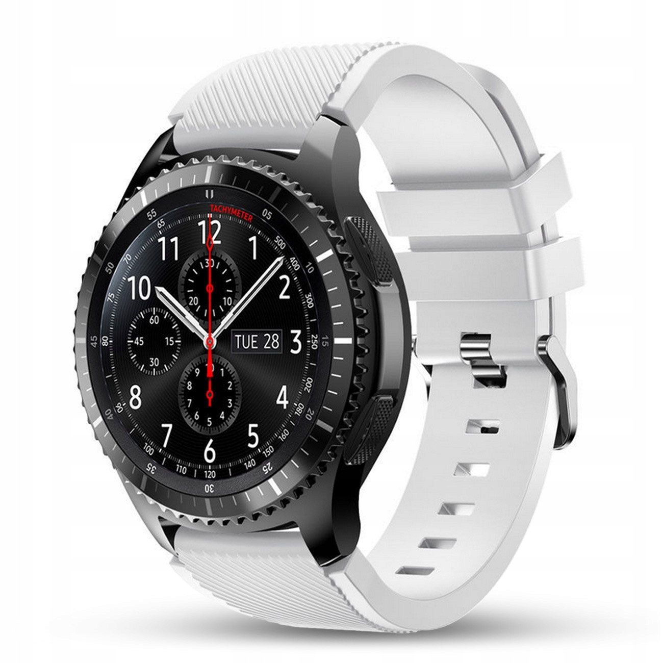 Czarny smartwatch z białym paskiem pokazuje WT 28. Ma srebrne przyciski i tachymetr.
