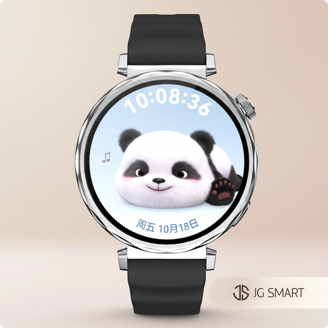 Smartwatch wyświetla uroczego pandę na ekranie z godziną 10:08:36.