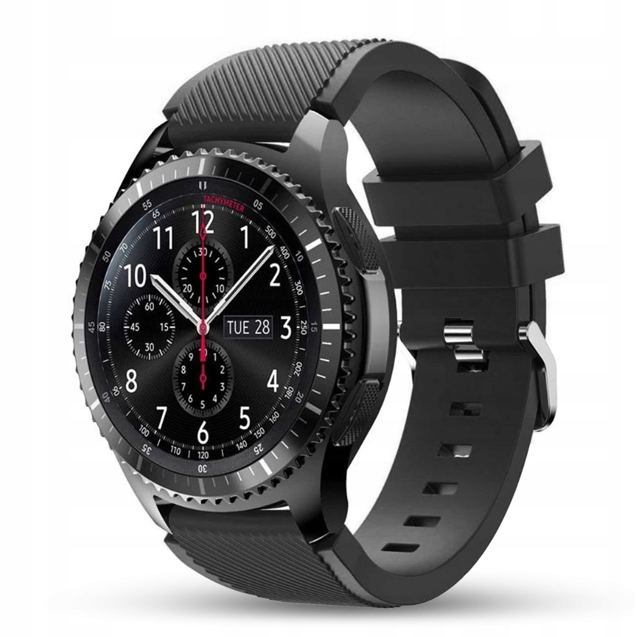 Czarny smartwatch z srebrną ramką i czarnym paskiem. Pokazuje aktualną godzinę i datę.