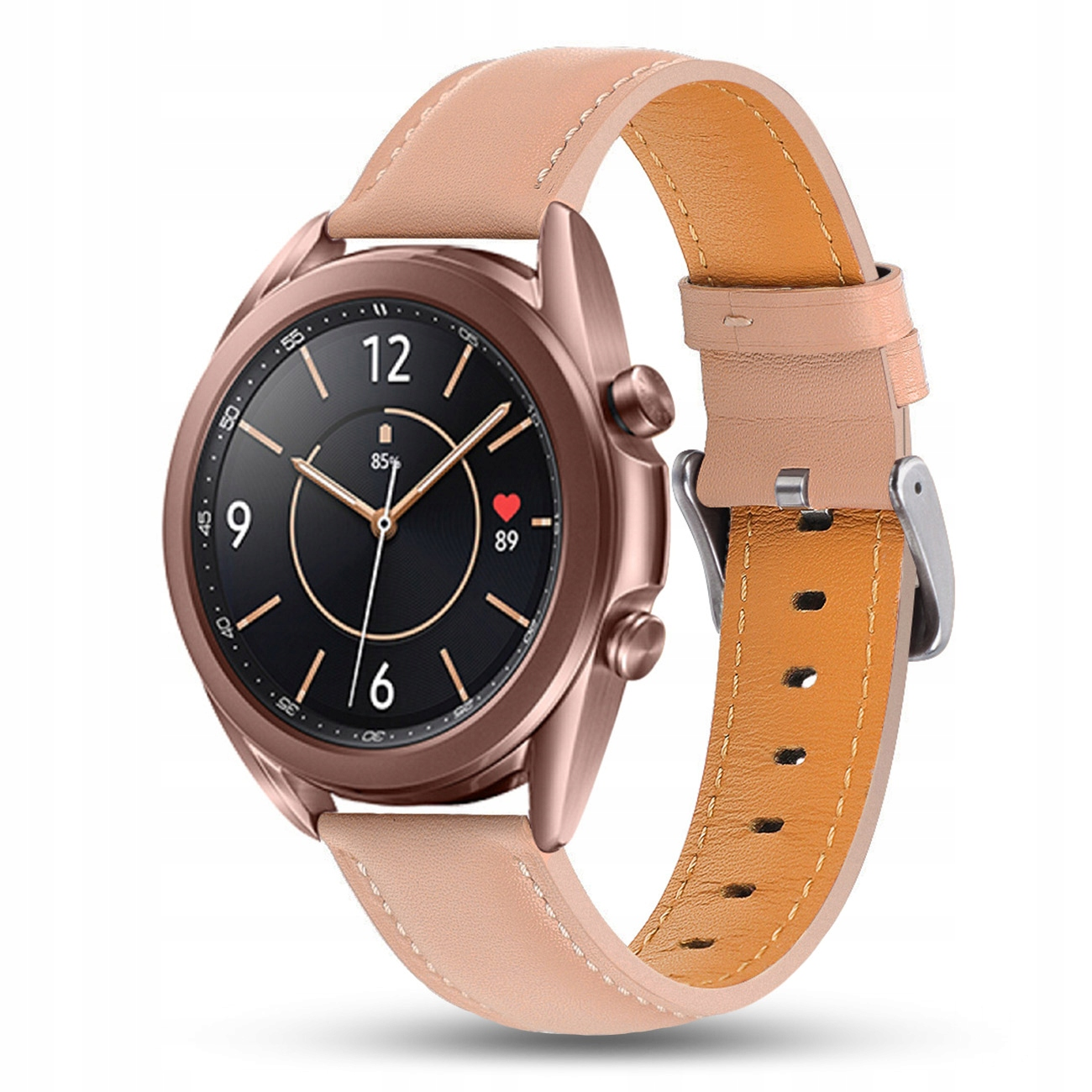 Smartwatch w kolorze różowego złota z jasną skórzaną bransoletą na białym tle.