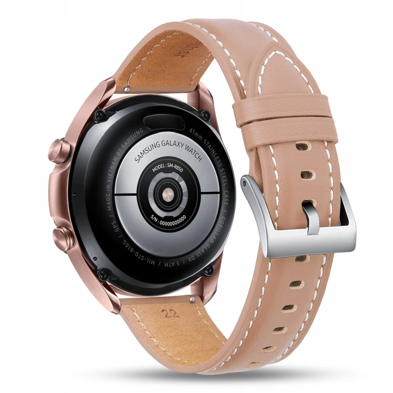 Tył zegarka Samsung Galaxy Watch w kolorze różowego złota z brązowym paskiem.