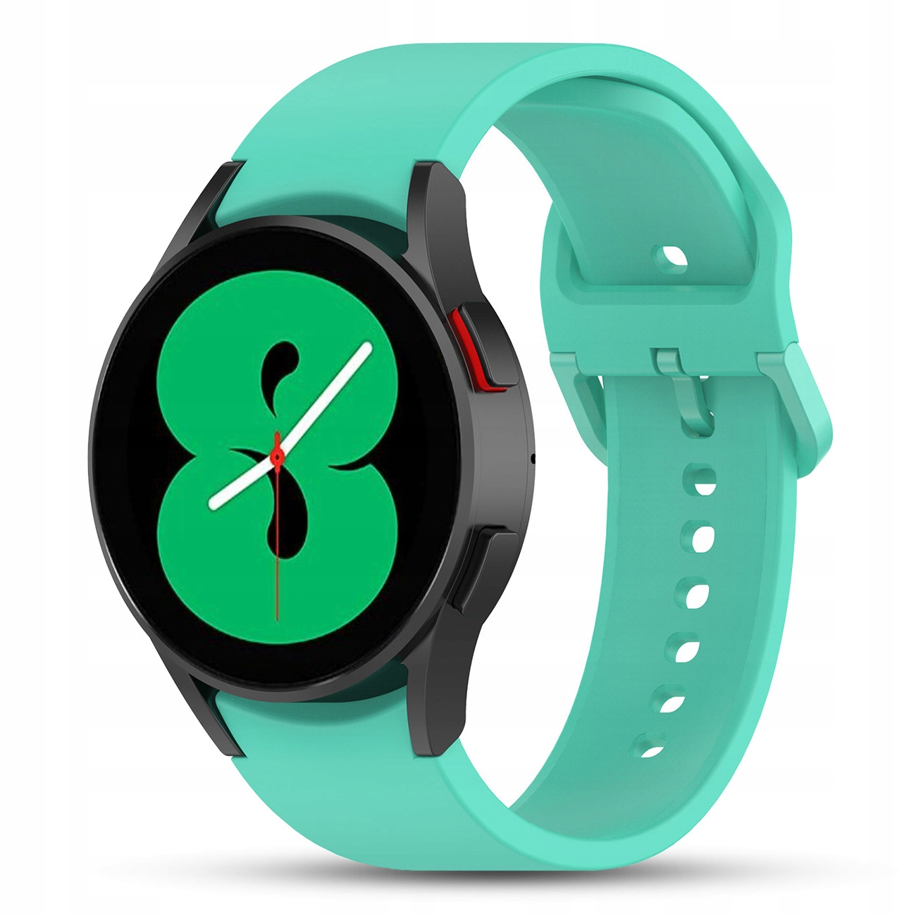 Turkusowy smartwatch z czarną obudową i dużą zieloną tarczą.
