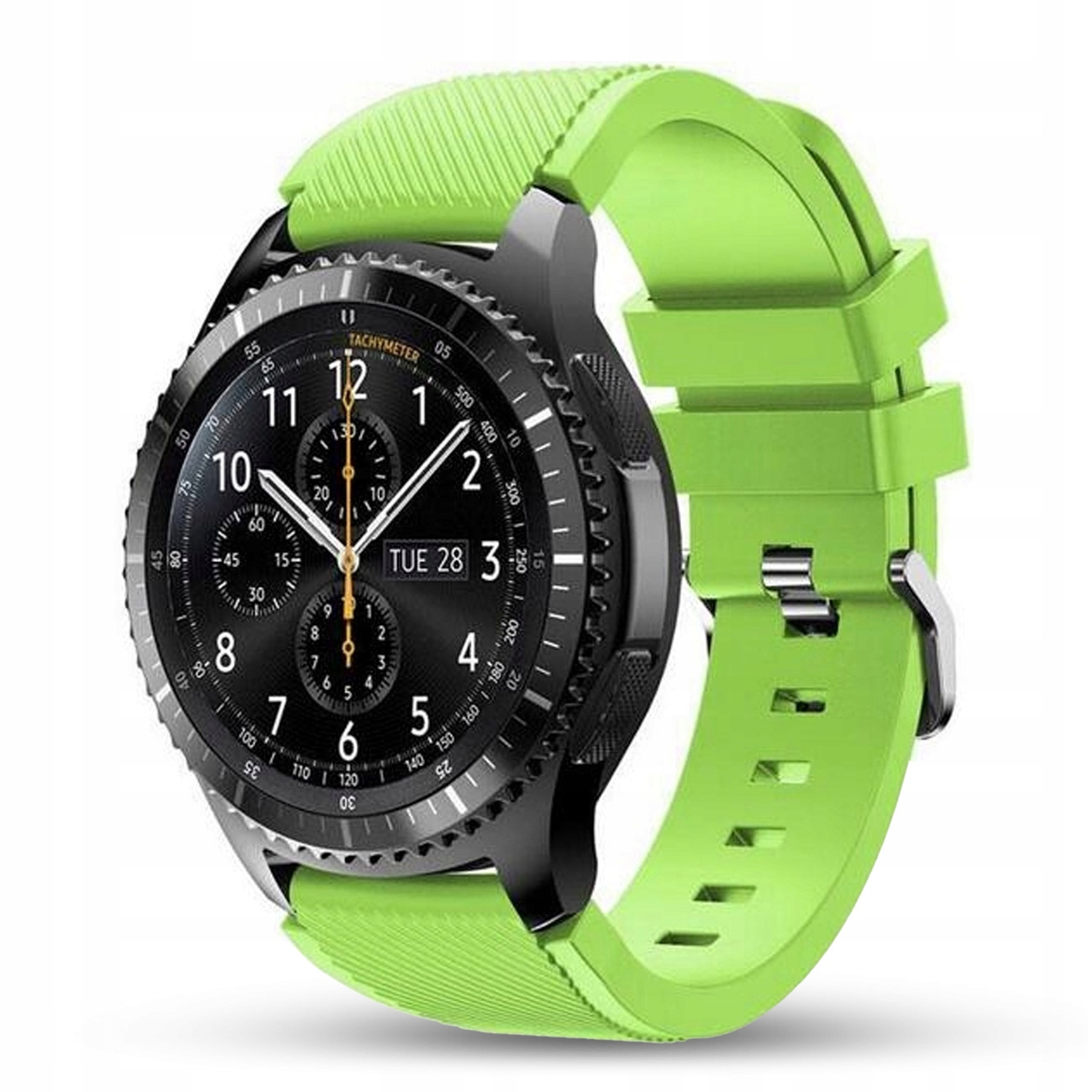 Czarny smartwatch z jasną zieloną bransoletą na białym tle.