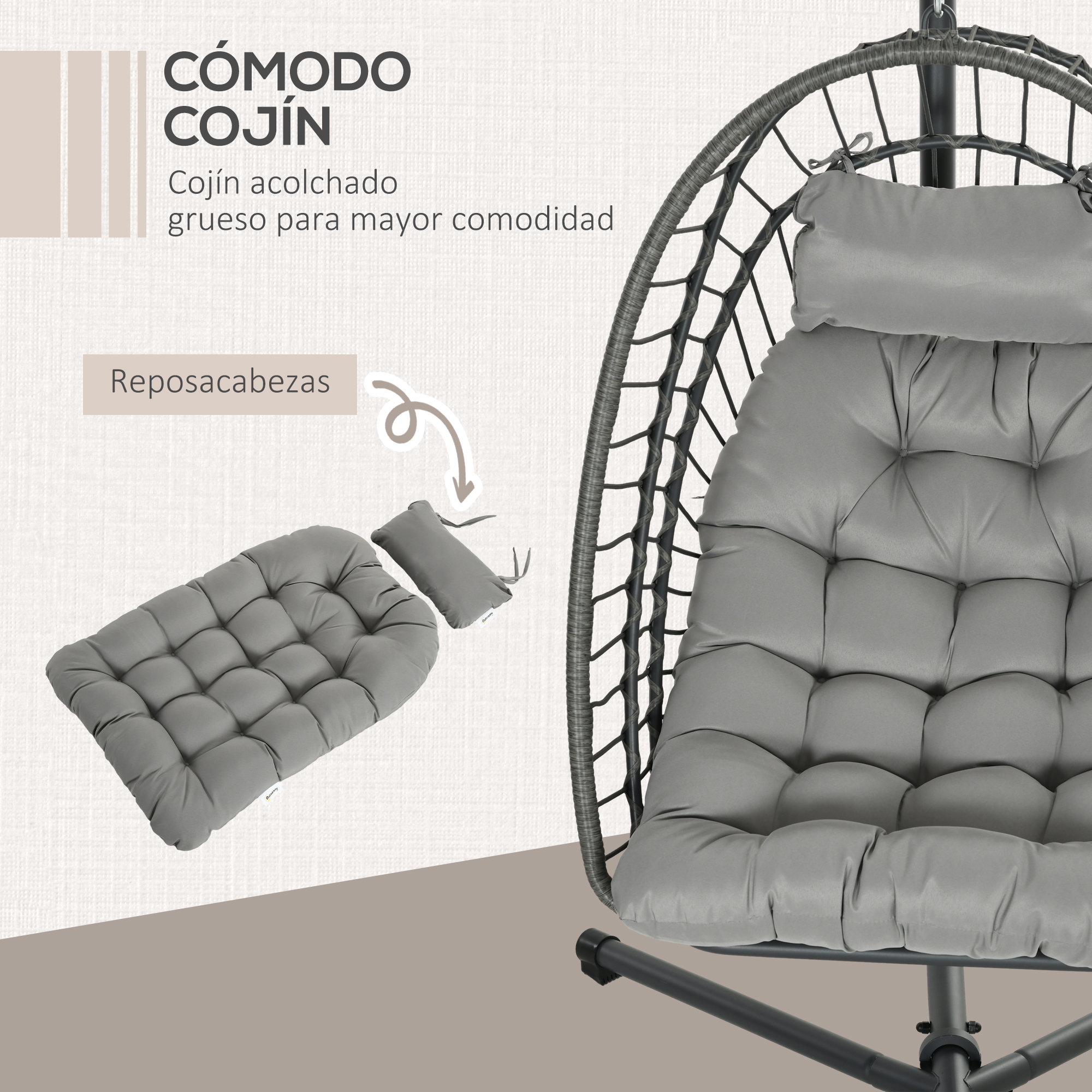 Silla de cesta colgante gris con cojines gruesos. Se muestra una almohada adicional.
